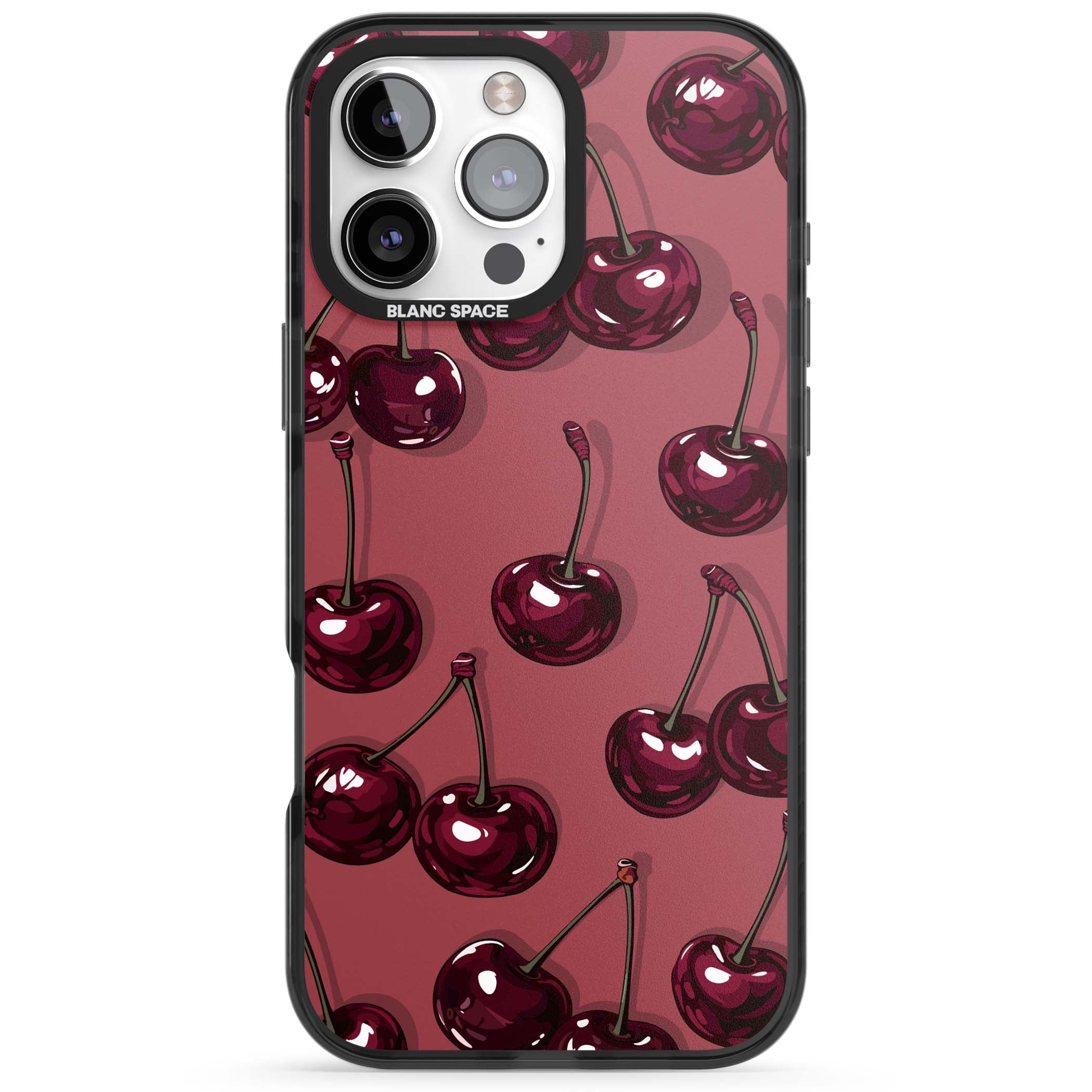 Cherry Rebel coquette iPhone case featuring glossy burgundy cherries on a dusty rose background | Black Impact case for iPhone 16 Pro, iPhone 16 Pro Max