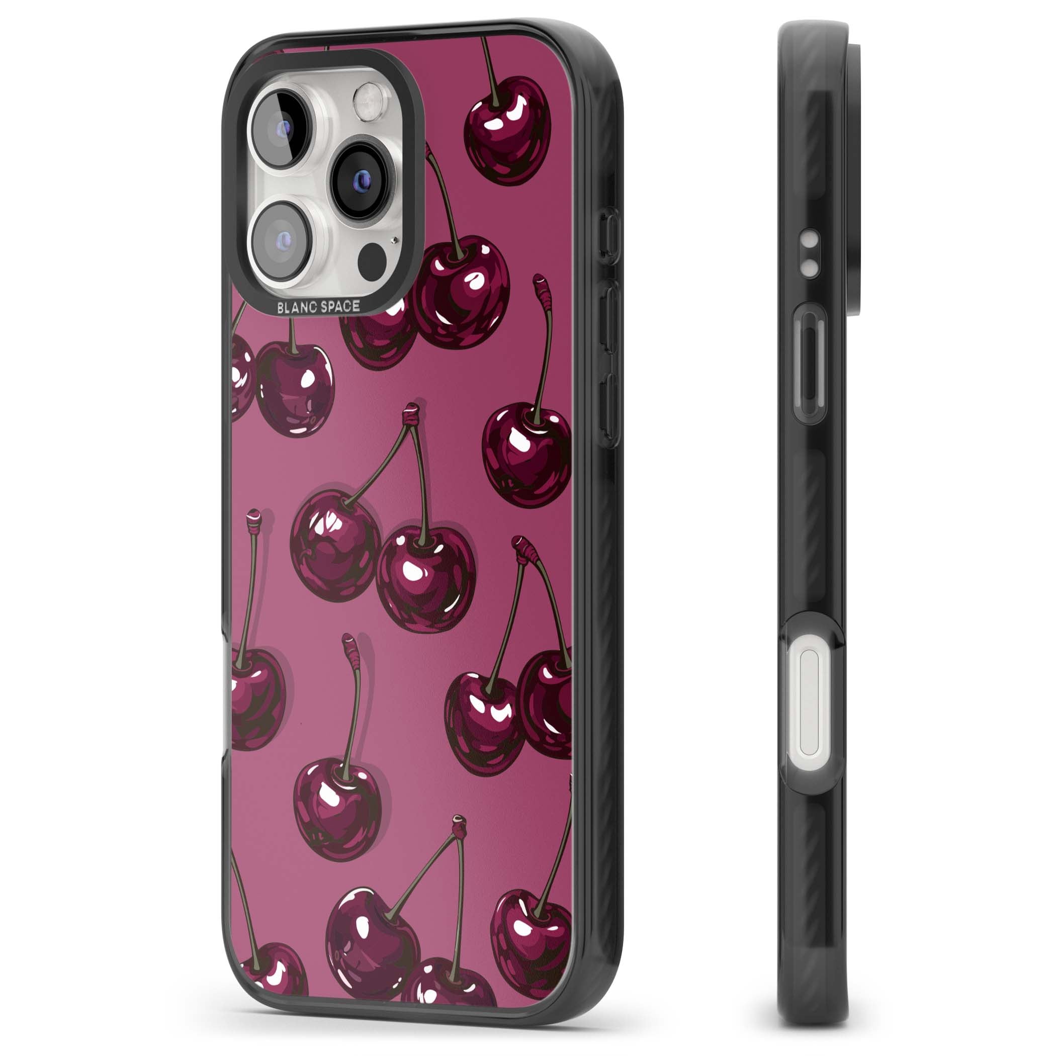 Cherry Soda coquette iPhone case featuring glossy burgundy cherries on a dusty pink background | Black Impact case for iPhone 16 Pro, iPhone 16 Pro Max