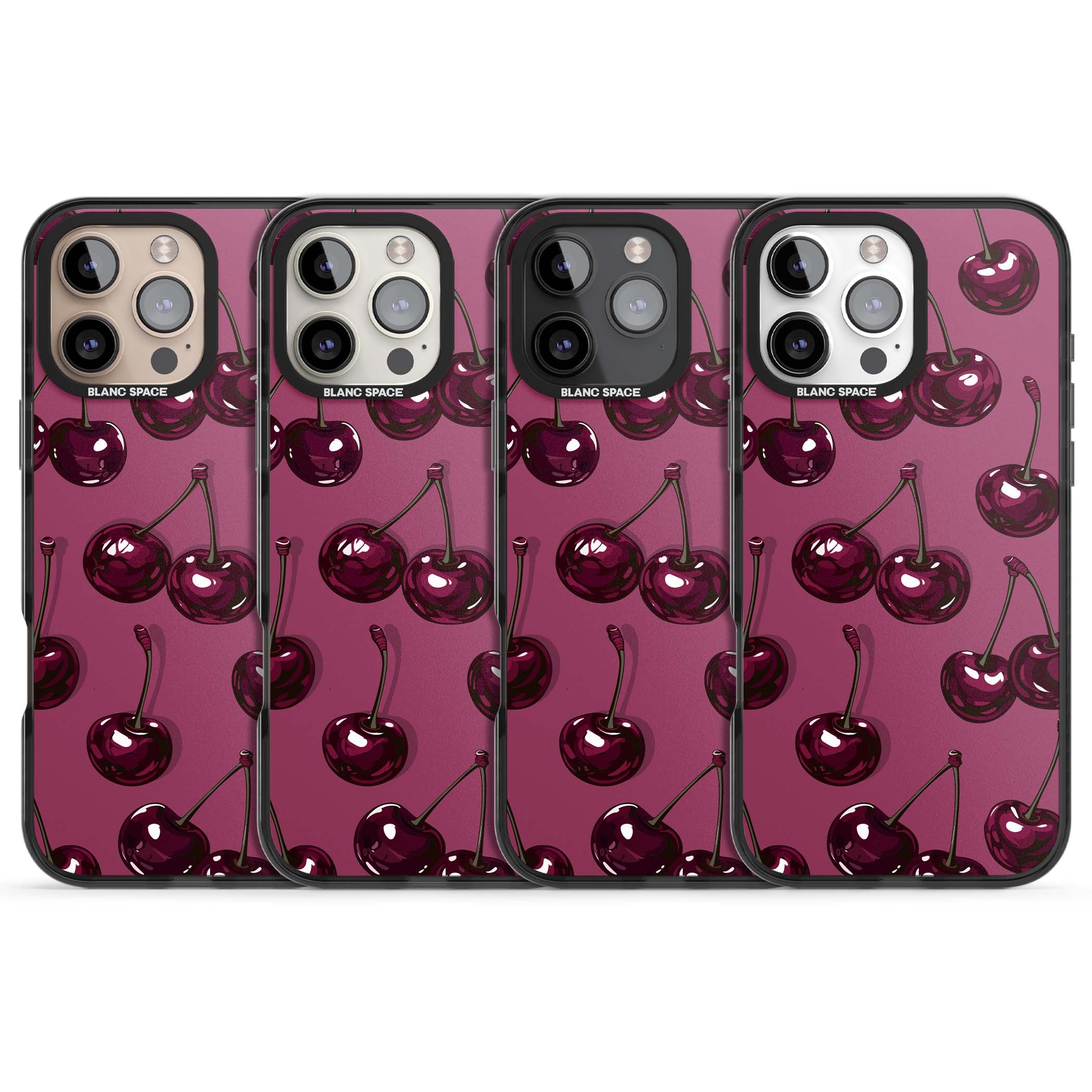 Cherry Soda coquette iPhone case featuring glossy burgundy cherries on a dusty pink background | Black Impact case for iPhone 16 Pro, iPhone 16 Pro Max