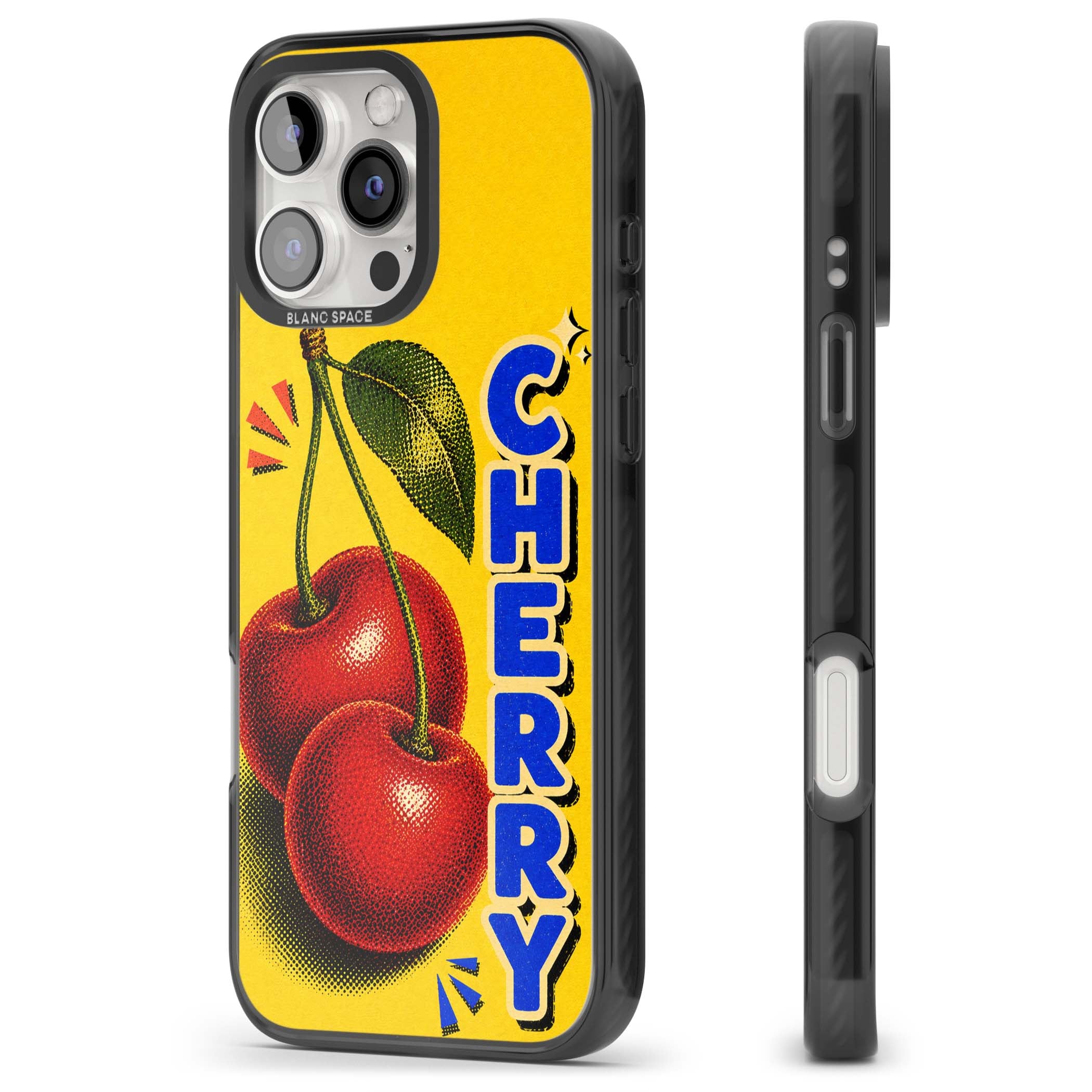 Cherry Yellow y2k iPhone case featuring two red cherries, halftone shading and bold blue CHERRY lettering on yellow | Black Impact case for iPhone 16 Pro, iPhone 16 Pro Max
