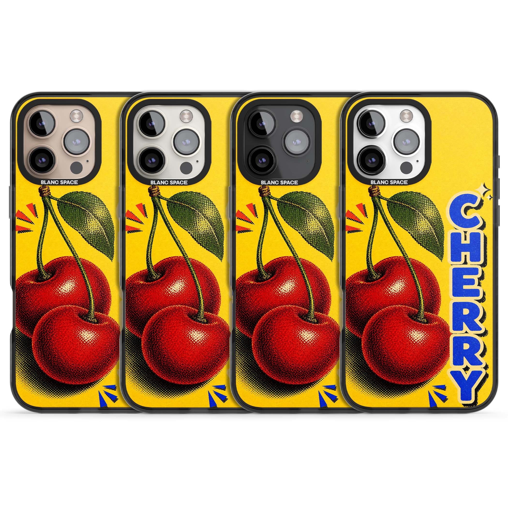 Cherry Yellow y2k iPhone case featuring two red cherries, halftone shading and bold blue CHERRY lettering on yellow | Black Impact case for iPhone 16 Pro, iPhone 16 Pro Max