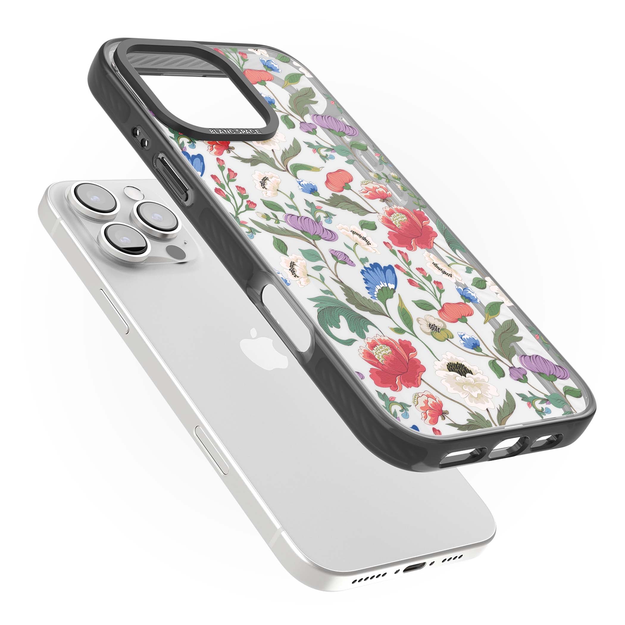 Chinoiserie Bloom vintage floral iPhone case featuring hand-painted peonies, poppies and trailing wildflowers on clear... | Black Impact case for iPhone 16 Pro, iPhone 16 Pro Max