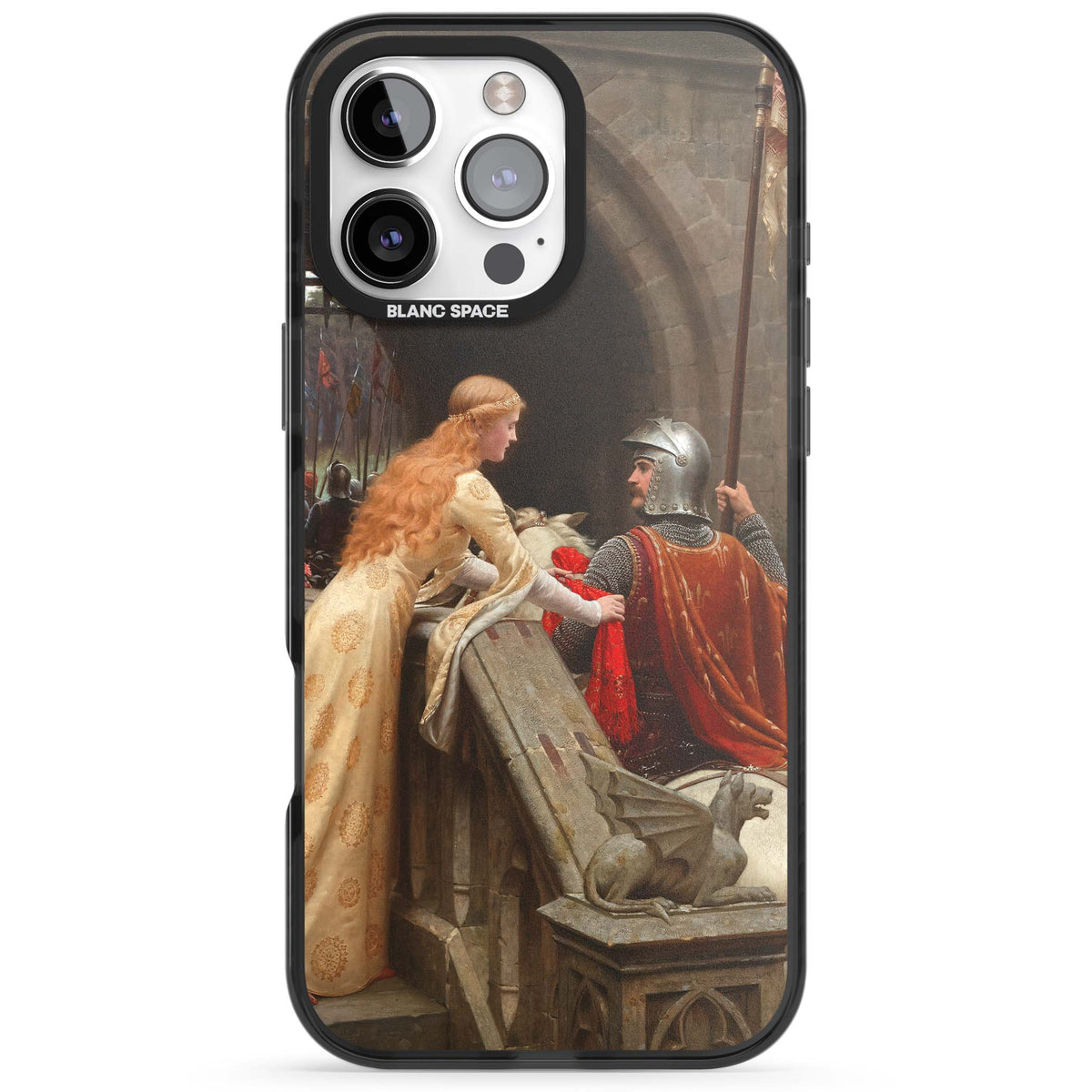 God Speed fine art iPhone case featuring Edmund Blair Leighton's medieval knight and lady beneath a stone archway | Black Impact case for iPhone 16 Pro, iPhone 16 Pro Max