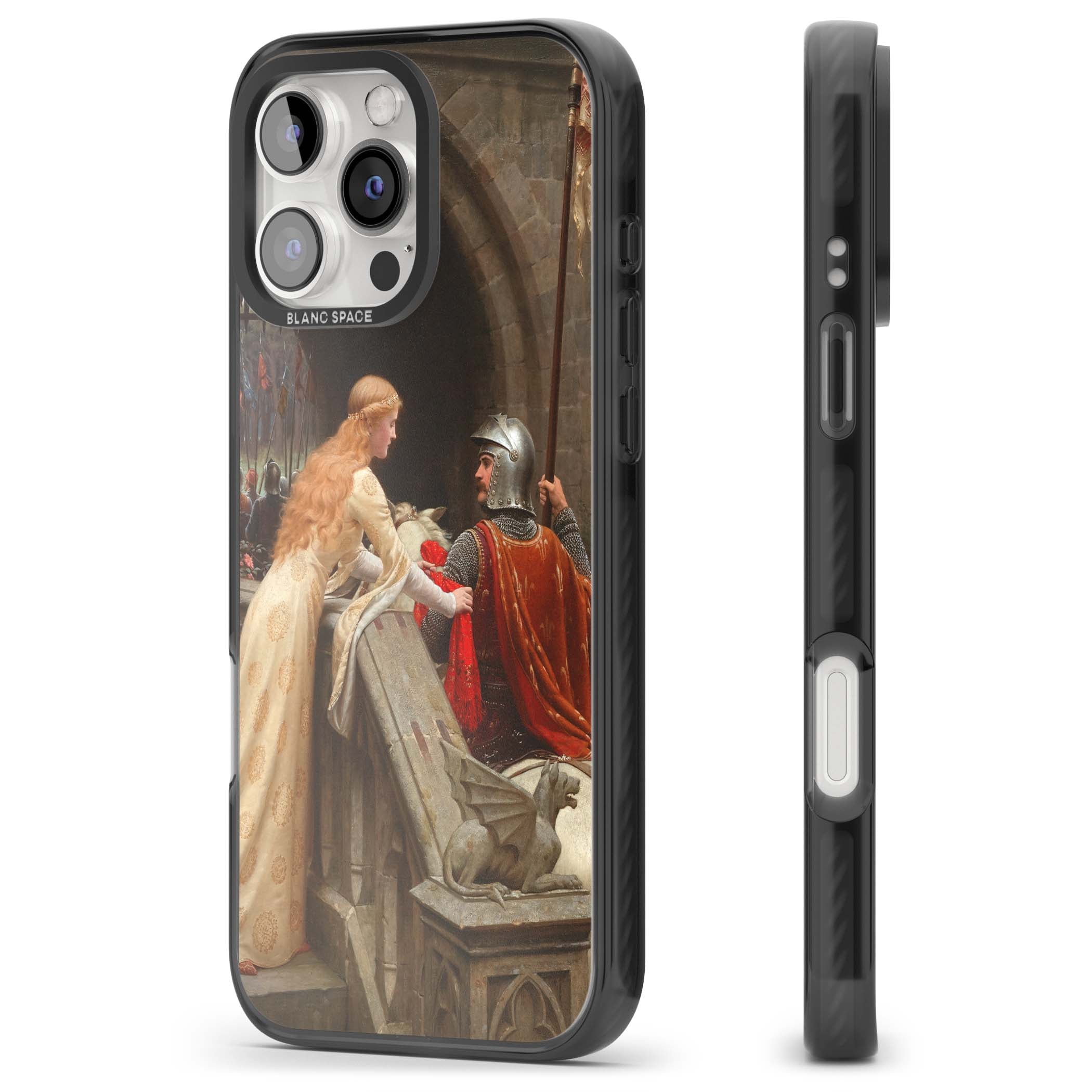 God Speed fine art iPhone case featuring Edmund Blair Leighton's medieval knight and lady beneath a stone archway | Black Impact case for iPhone 16 Pro, iPhone 16 Pro Max