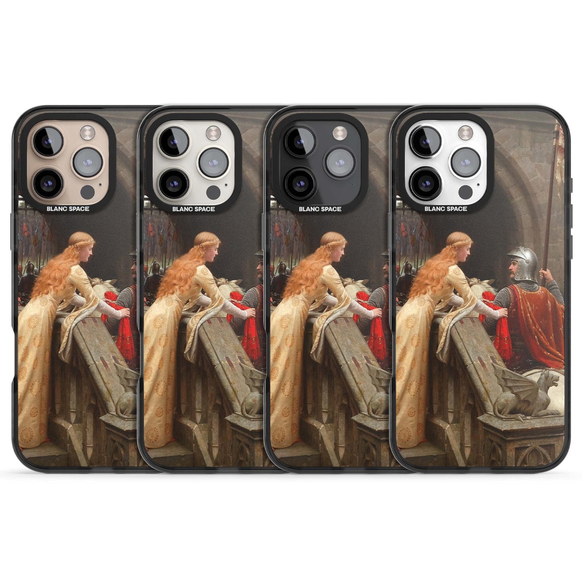 God Speed fine art iPhone case featuring Edmund Blair Leighton's medieval knight and lady beneath a stone archway | Black Impact case for iPhone 16 Pro, iPhone 16 Pro Max