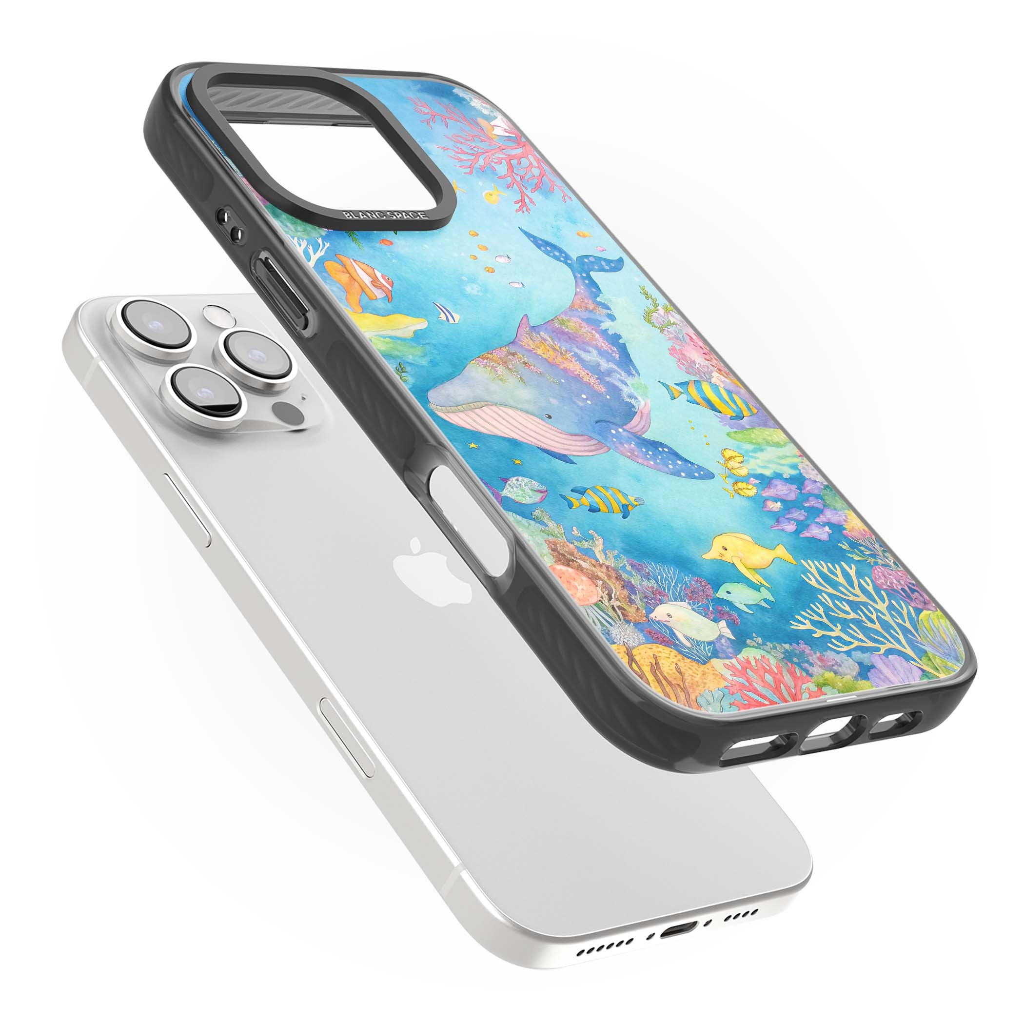 Coral Lagoon ocean iPhone case featuring a watercolour whale, coral reef and tropical fish | Black Impact case for iPhone 16 Pro, iPhone 16 Pro Max