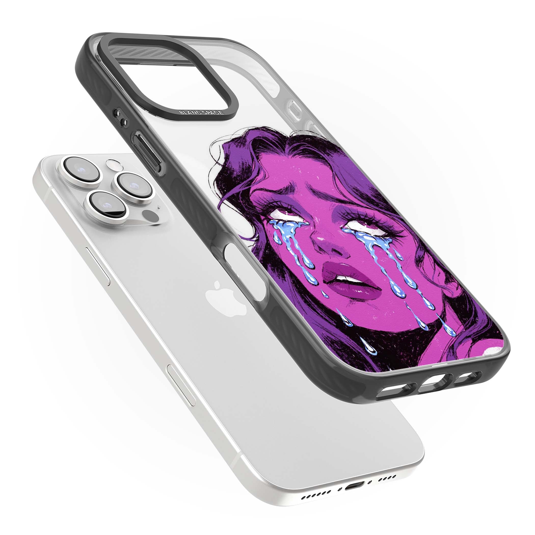Drama Queen pop art iPhone case featuring a purple crying comic girl with blue tears | Black Impact case for iPhone 16 Pro, iPhone 16 Pro Max
