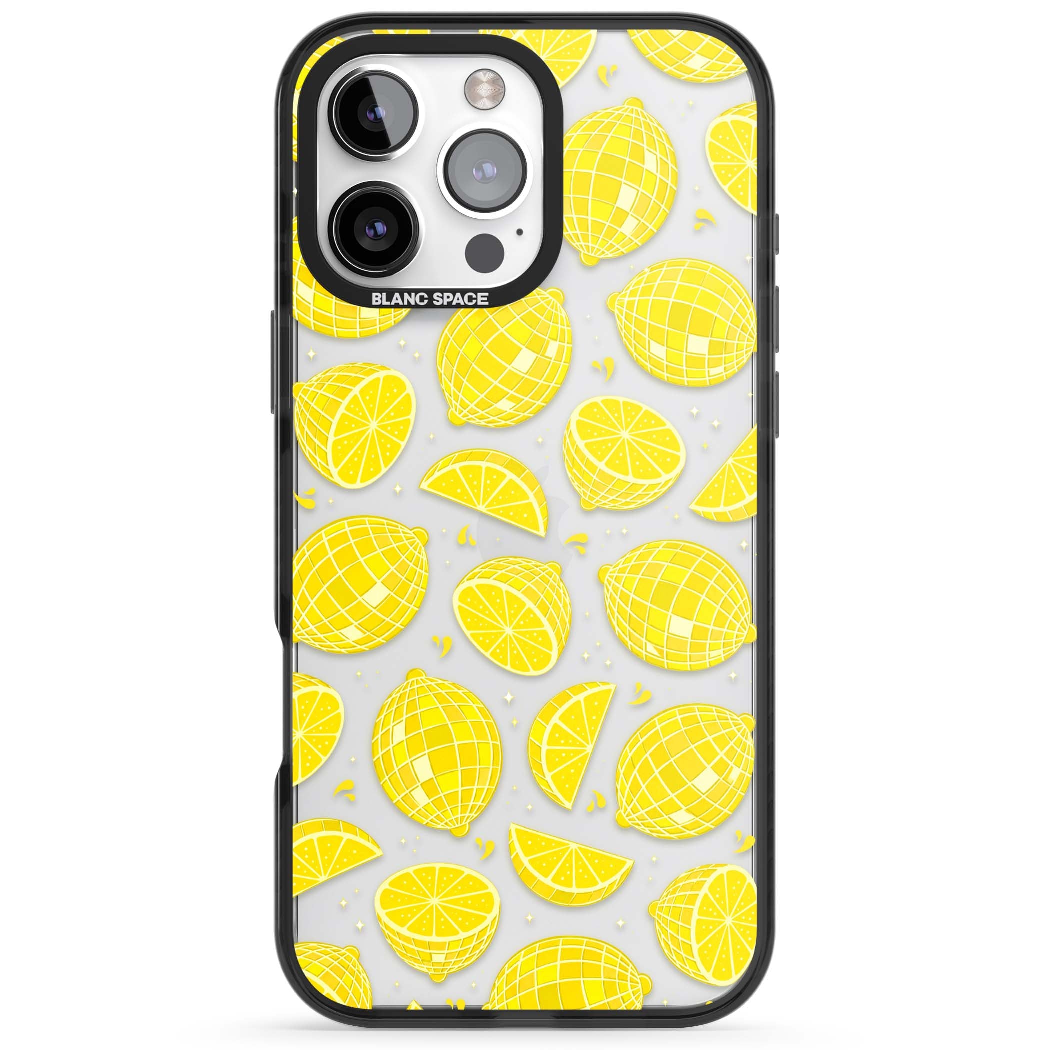 Disco Lemons citrus iPhone case featuring mirrorball lemons, sliced fruit and sparkle accents | Black Impact case for iPhone 16 Pro, iPhone 16 Pro Max