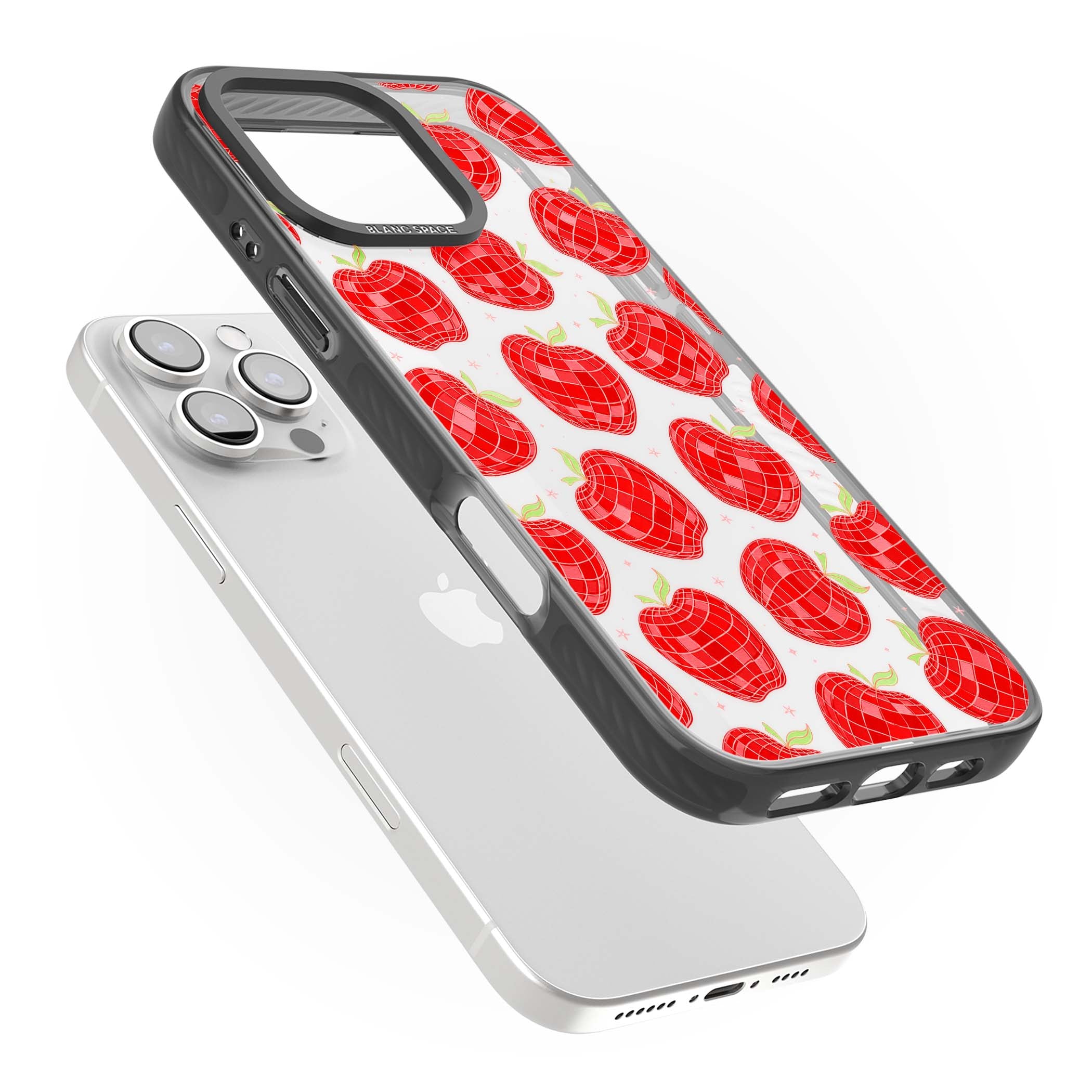 Disco Apples Y2K iPhone case featuring red disco ball apples, green leaves and pink sparkles on clear | Black Impact case for iPhone 16 Pro, iPhone 16 Pro Max