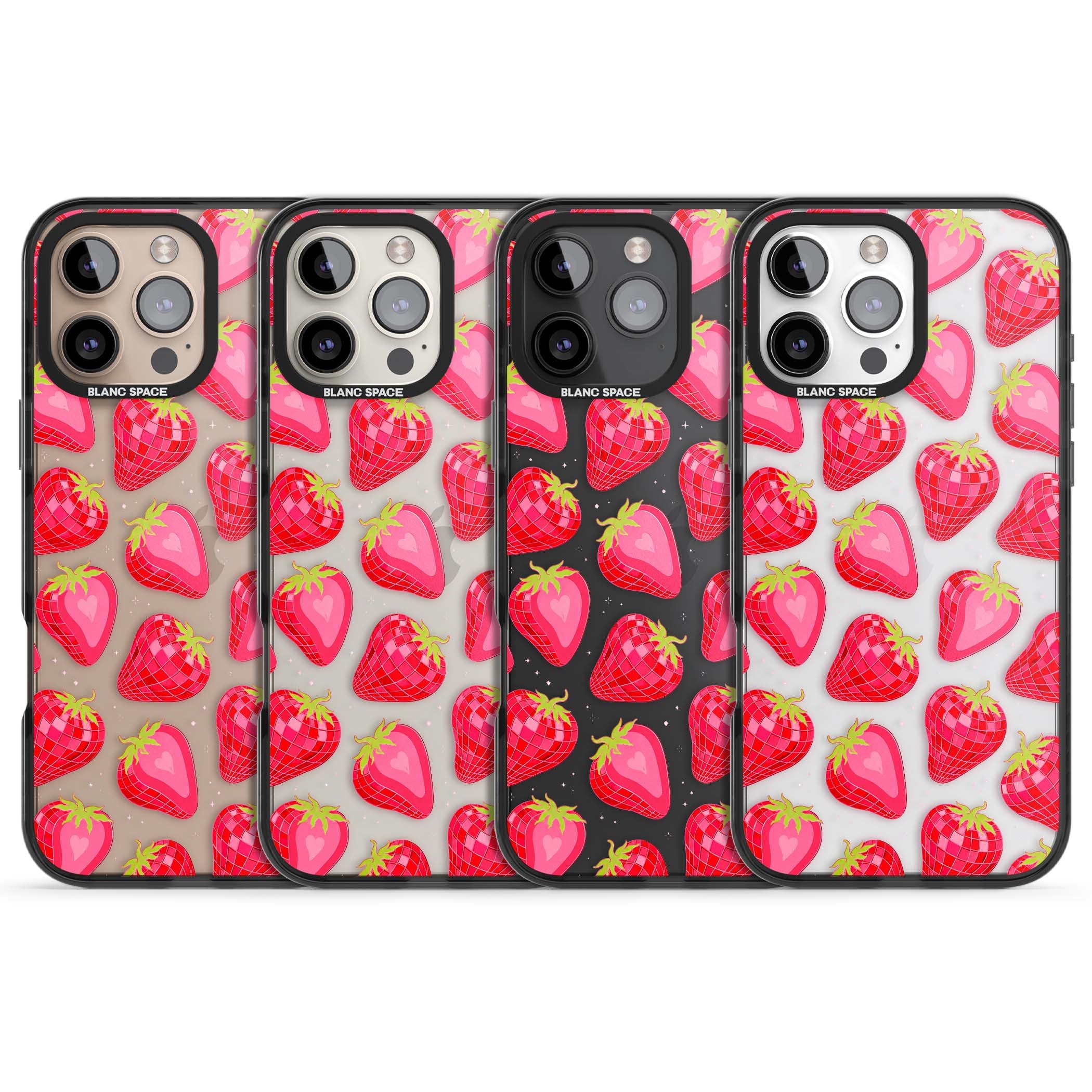Disco Strawberry Y2K iPhone case featuring pink disco-ball strawberries, green leaves and tiny sparkles | Black Impact case for iPhone 16 Pro, iPhone 16 Pro Max