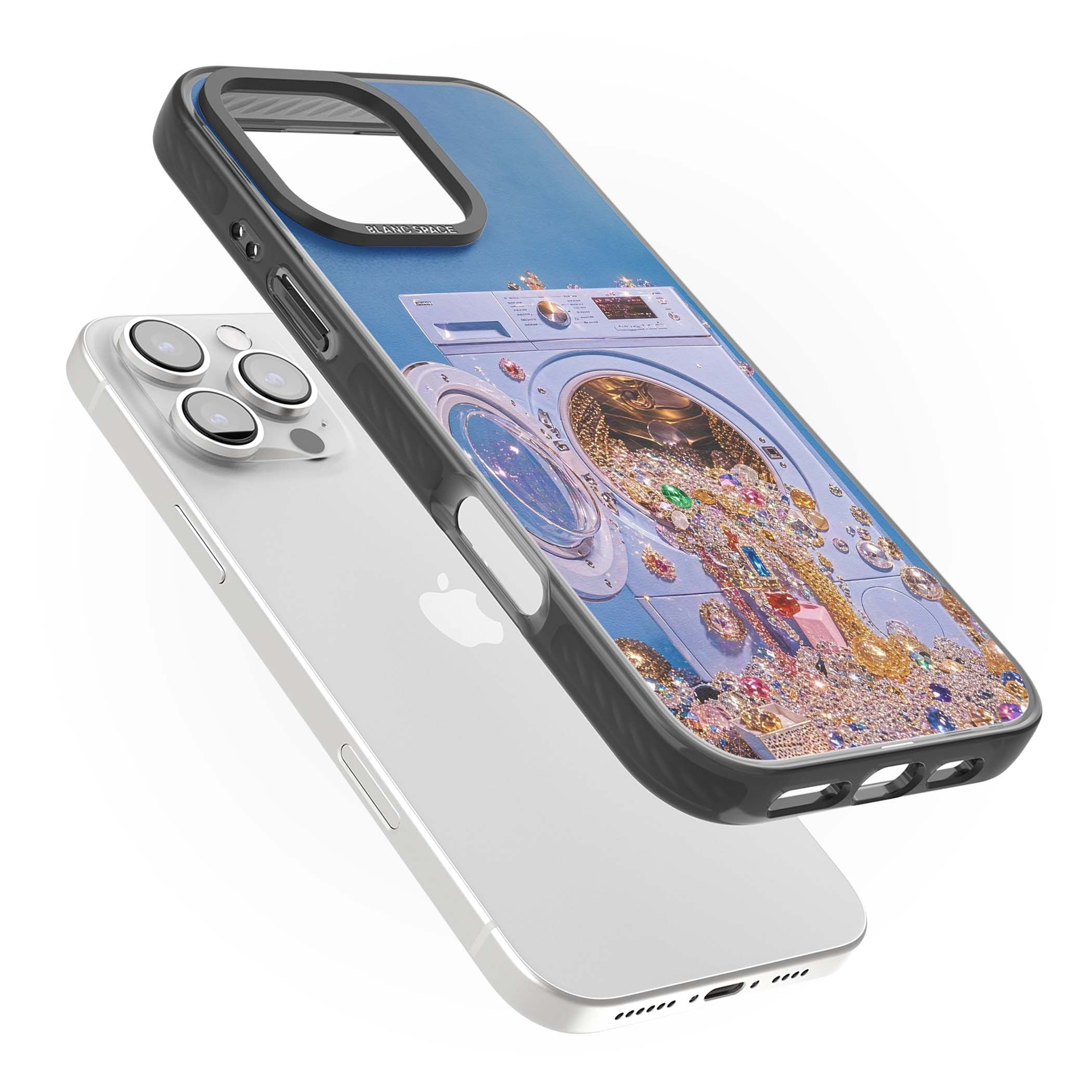 Gem Laundry baddie iPhone case featuring a surreal washing machine overflowing with colourful gemstones and crystals | Black Impact case for iPhone 16 Pro, iPhone 16 Pro Max