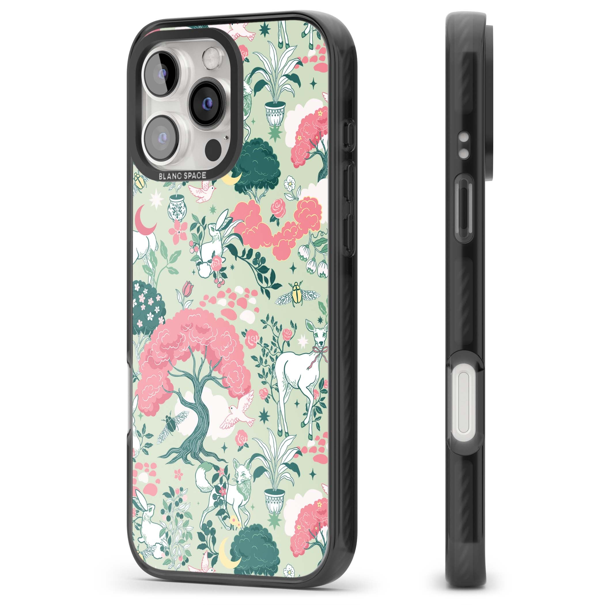 Enchanted Woodland cottagecore iPhone case featuring white deer, pink roses, mushrooms and woodland animals on sage green | Black Impact case for iPhone 16 Pro, iPhone 16 Pro Max