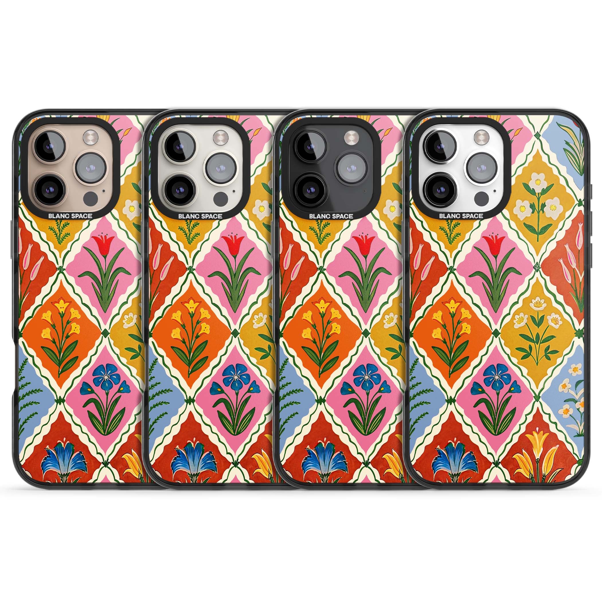 Floral Quilt boho floral iPhone case featuring diamond lattice pattern, hand-painted tulips and folk art wildflowers | Black Impact case for iPhone 16 Pro, iPhone 16 Pro Max