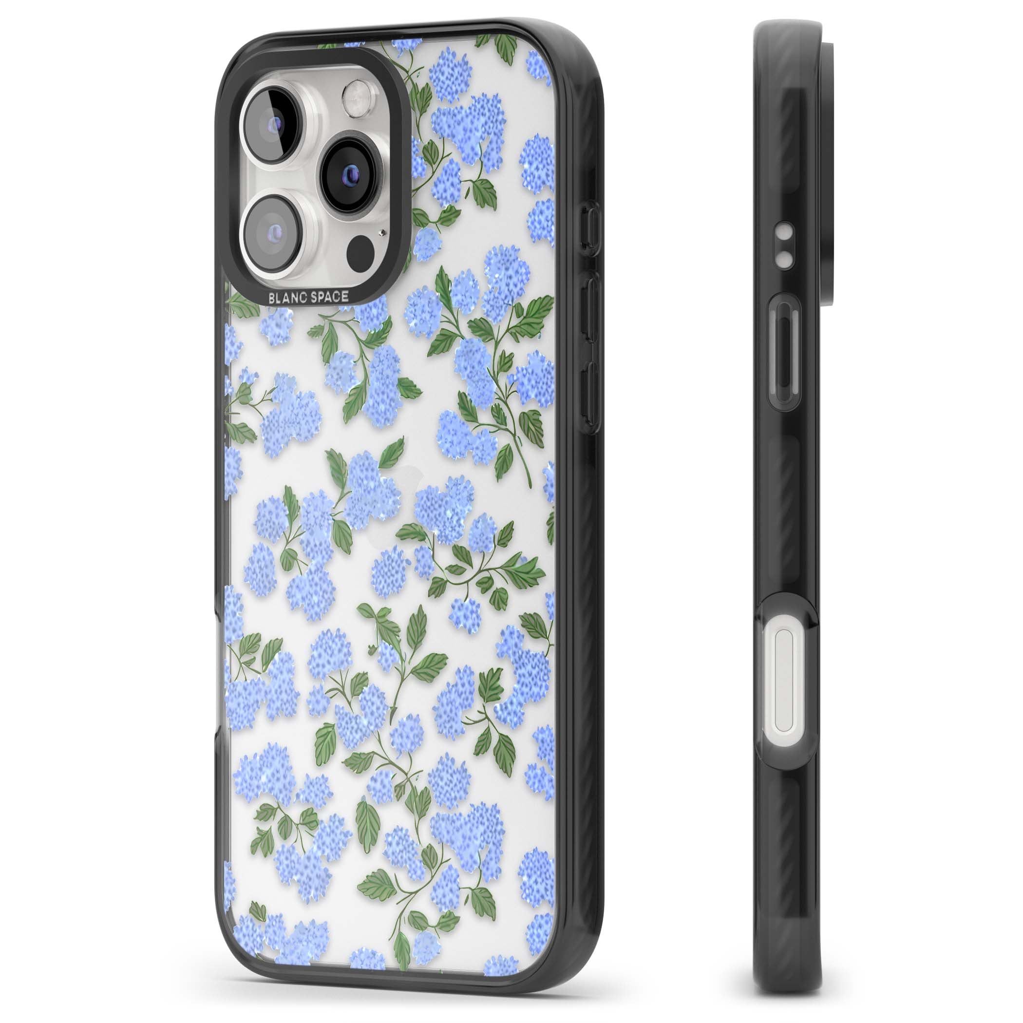 Hydrangea Dreams cottagecore iPhone case featuring soft blue hydrangea flower clusters and green leaves | Black Impact case for iPhone 16 Pro, iPhone 16 Pro Max