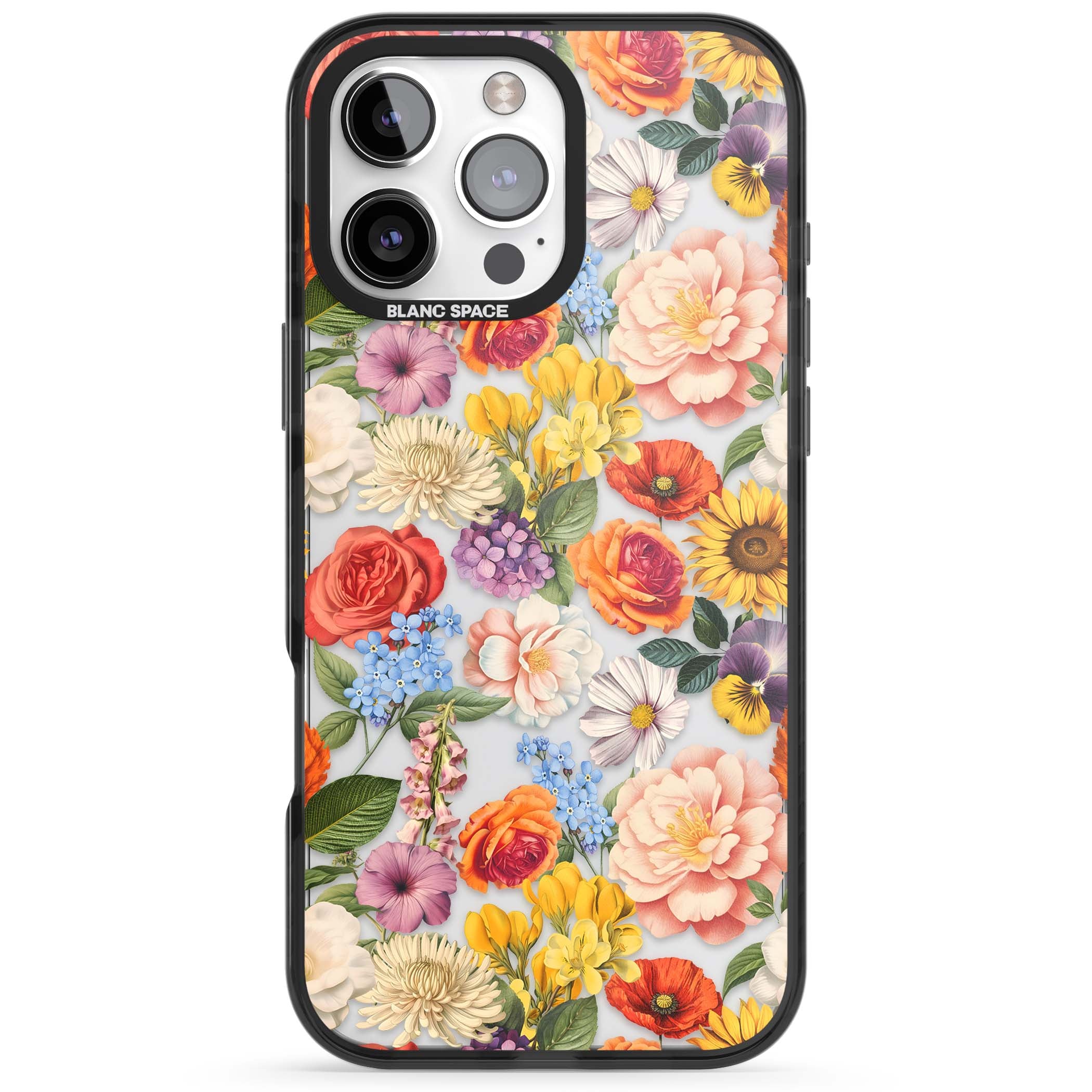 Bloom Basket floral iPhone case featuring cottage garden flowers including peonies, sunflowers, and wildflowers in pastel col | Black Impact case for iPhone 16 Pro, iPhone 16 Pro Max