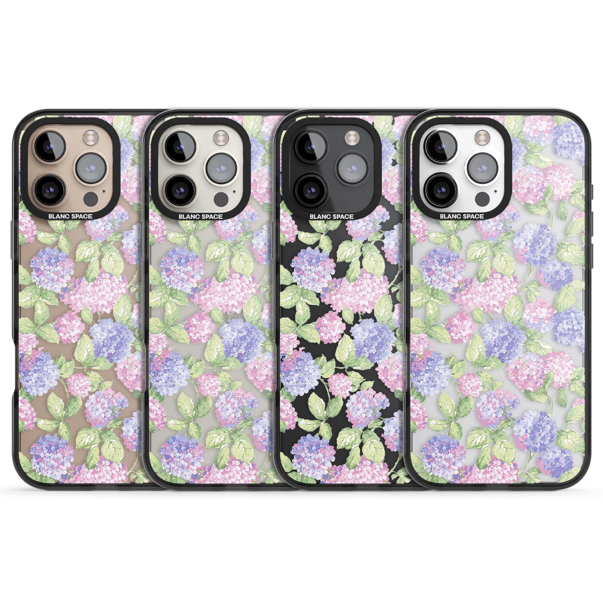 Cottage Hydrangea cottagecore iPhone case featuring pink and purple hydrangea blooms with green leaves on a clear background | Black Impact case for iPhone 16 Pro, iPhone 16 Pro Max