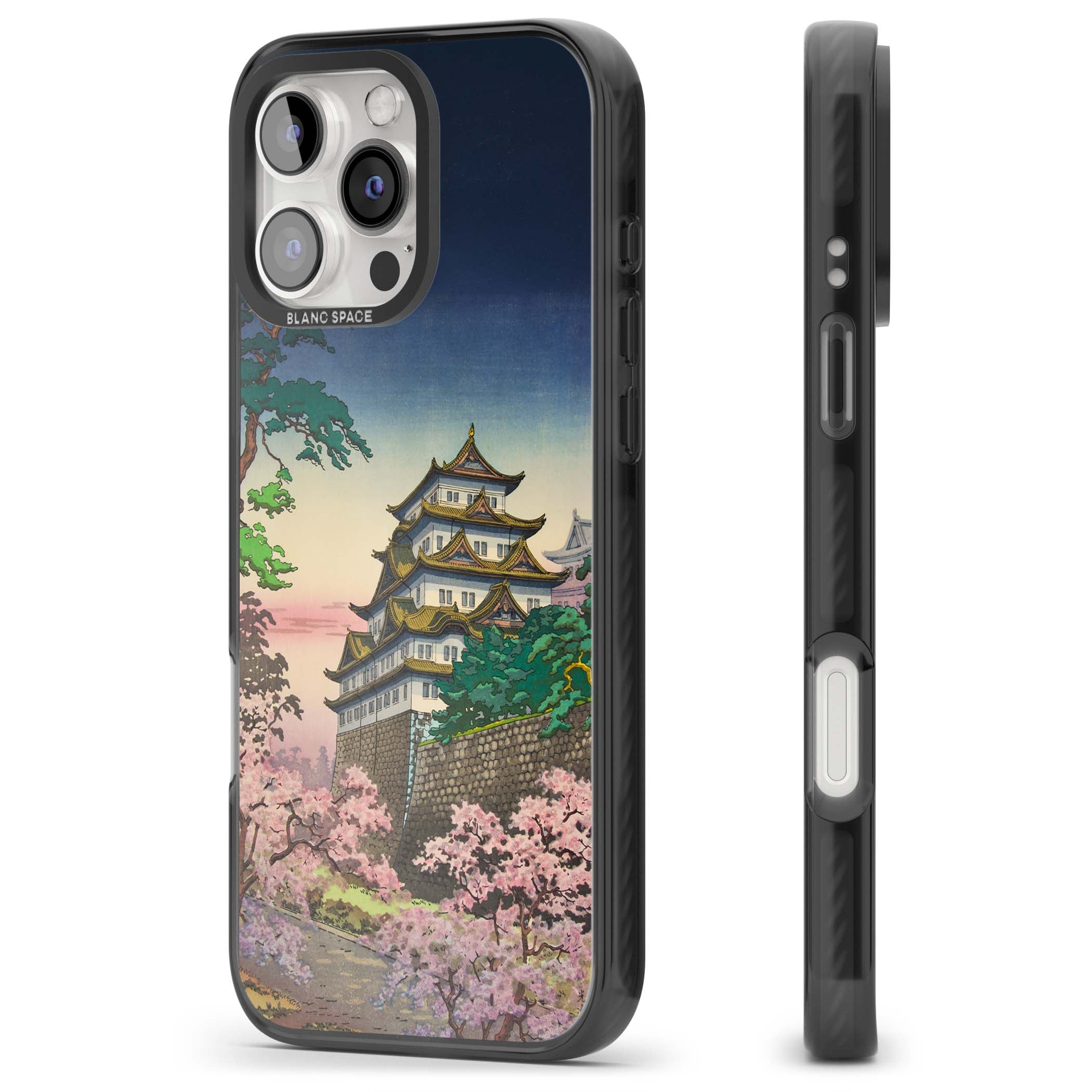 Nagoya Castle Japanese iPhone case featuring a vintage pagoda, twilight sky and cherry blossom trees | Black Impact case for iPhone 16 Pro, iPhone 16 Pro Max