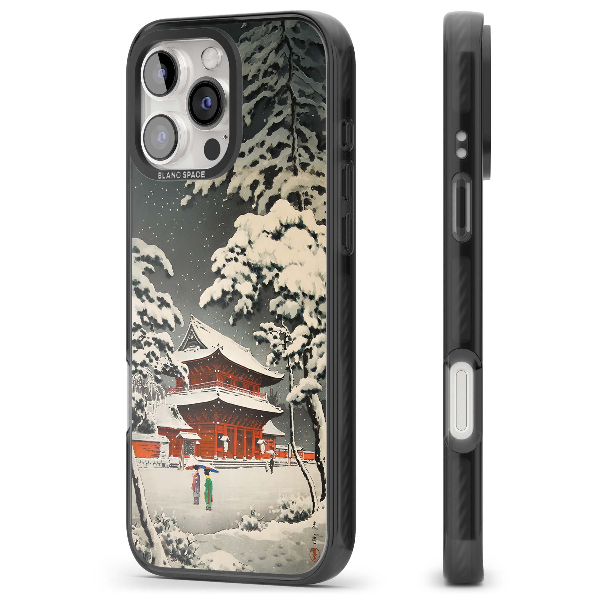 Snow at Shiha Park, Tokyo Japanese art iPhone case featuring a vintage ukiyo-e snowy temple, red pagoda, and snow-covered pin | Black Impact case for iPhone 16 Pro, iPhone 16 Pro Max