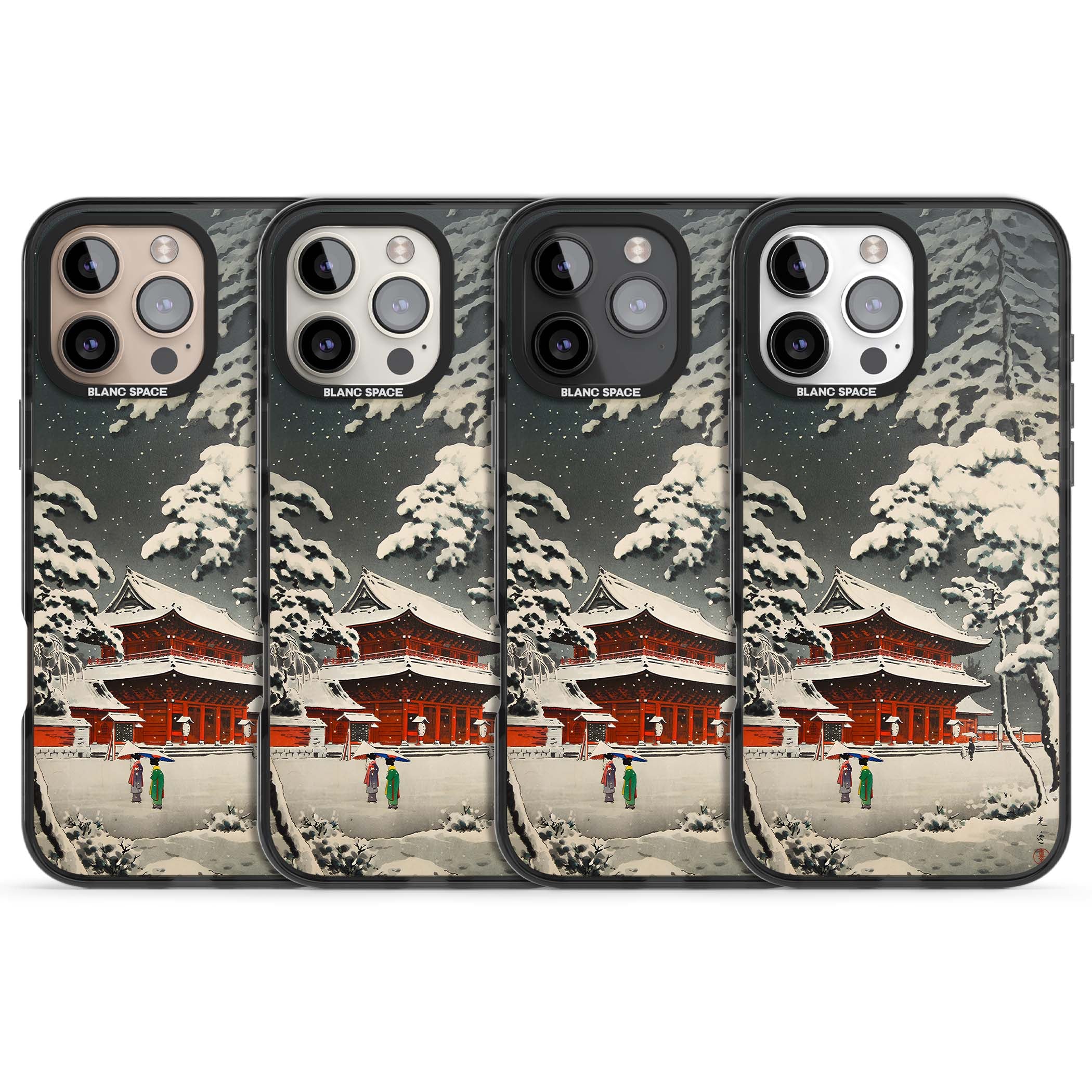 Snow at Shiha Park, Tokyo Japanese art iPhone case featuring a vintage ukiyo-e snowy temple, red pagoda, and snow-covered pin | Black Impact case for iPhone 16 Pro, iPhone 16 Pro Max