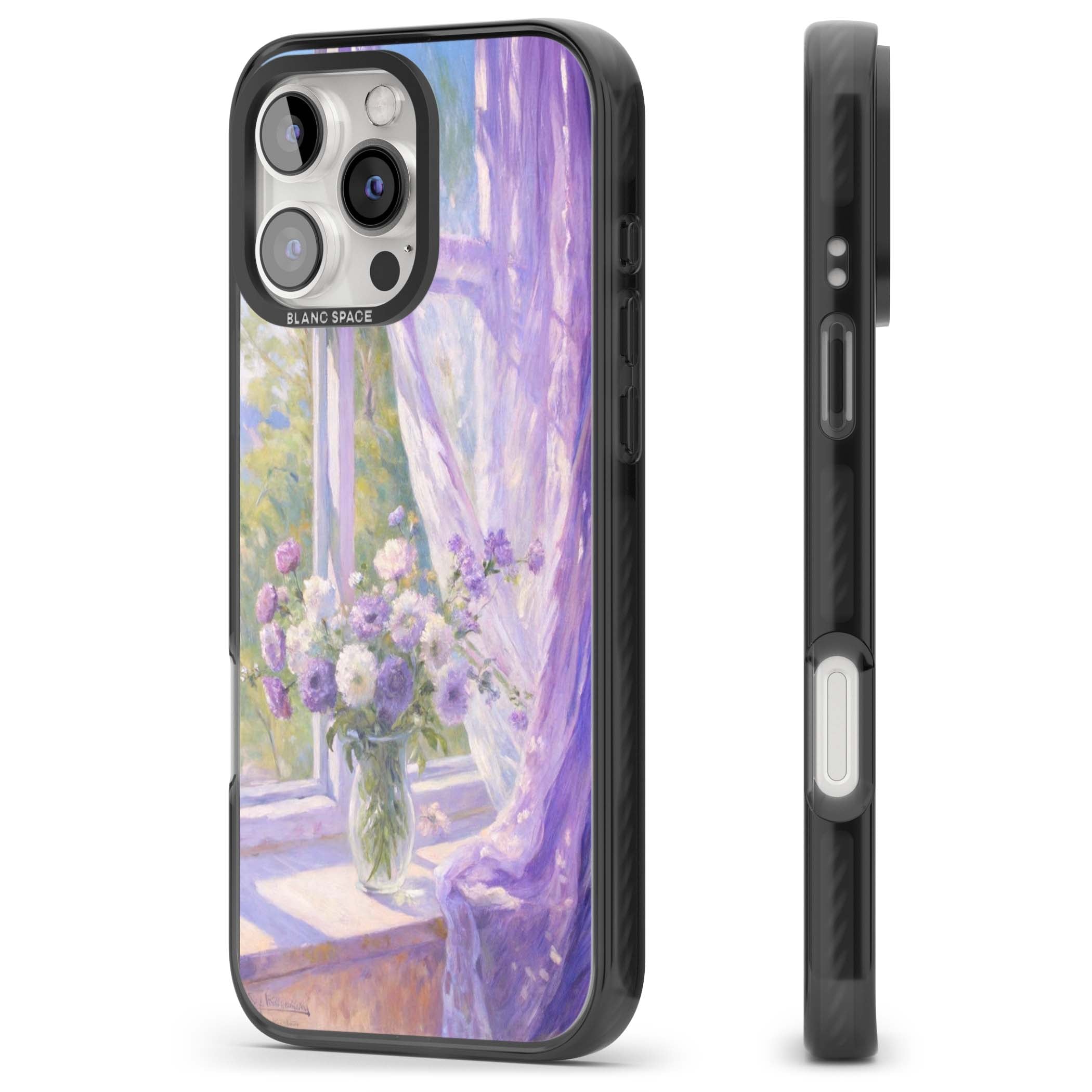 A Provence Morning impressionist art iPhone case featuring a vase of purple flowers, sunlit window and sheer curt | Black Impact case for iPhone 16 Pro, iPhone 16 Pro Max