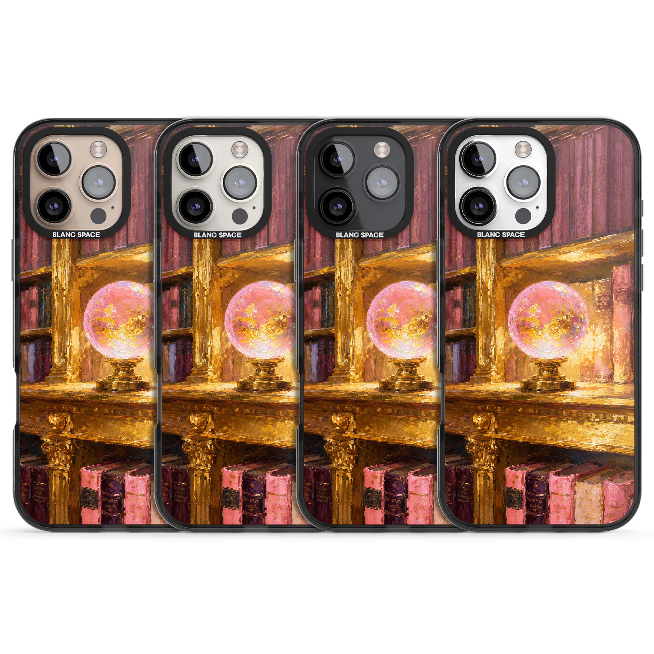 Gilded Library dark academia iPhone case featuring an oil painted crystal ball on a gilded library shelf with vintage | Black Impact case for iPhone 16 Pro, iPhone 16 Pro Max