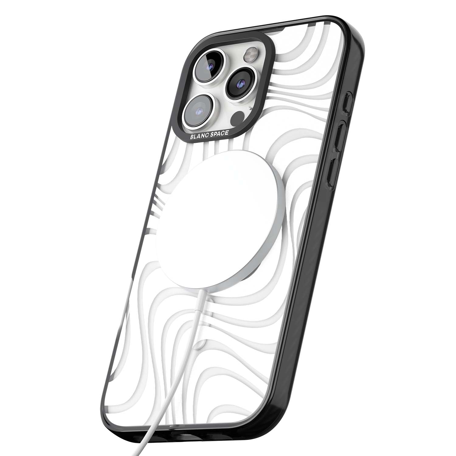 White Abstract Waves abstract iPhone case featuring flowing grey wave pattern on clear background | Black Impact Magsafe case for iPhone 16 Pro, iPhone 16 Pro Max