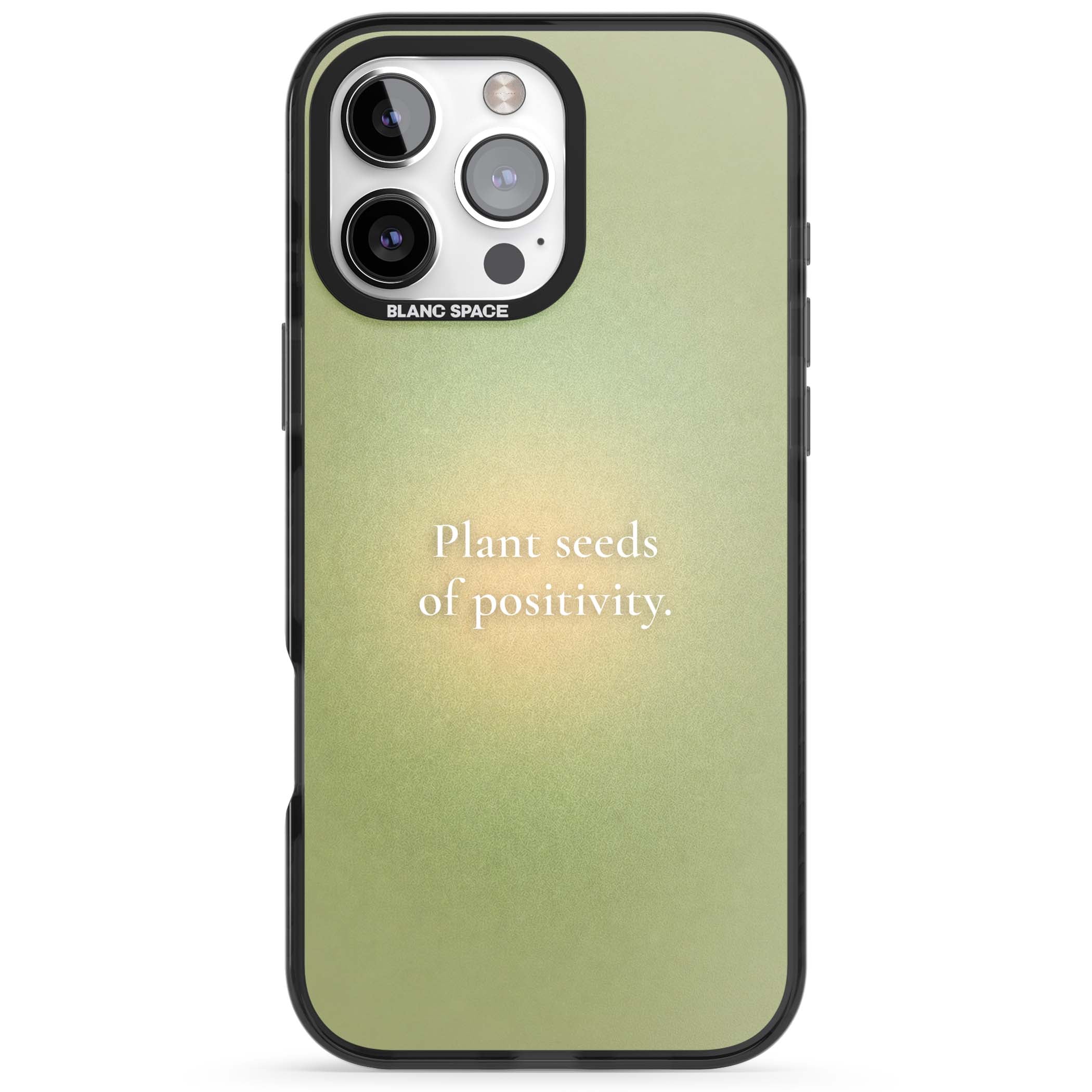 Seeds of Positivity quote iPhone case featuring a sage green aura gradient and golden glow affirmation | Black Impact Magsafe case for iPhone 16 Pro, iPhone 16 Pro Max