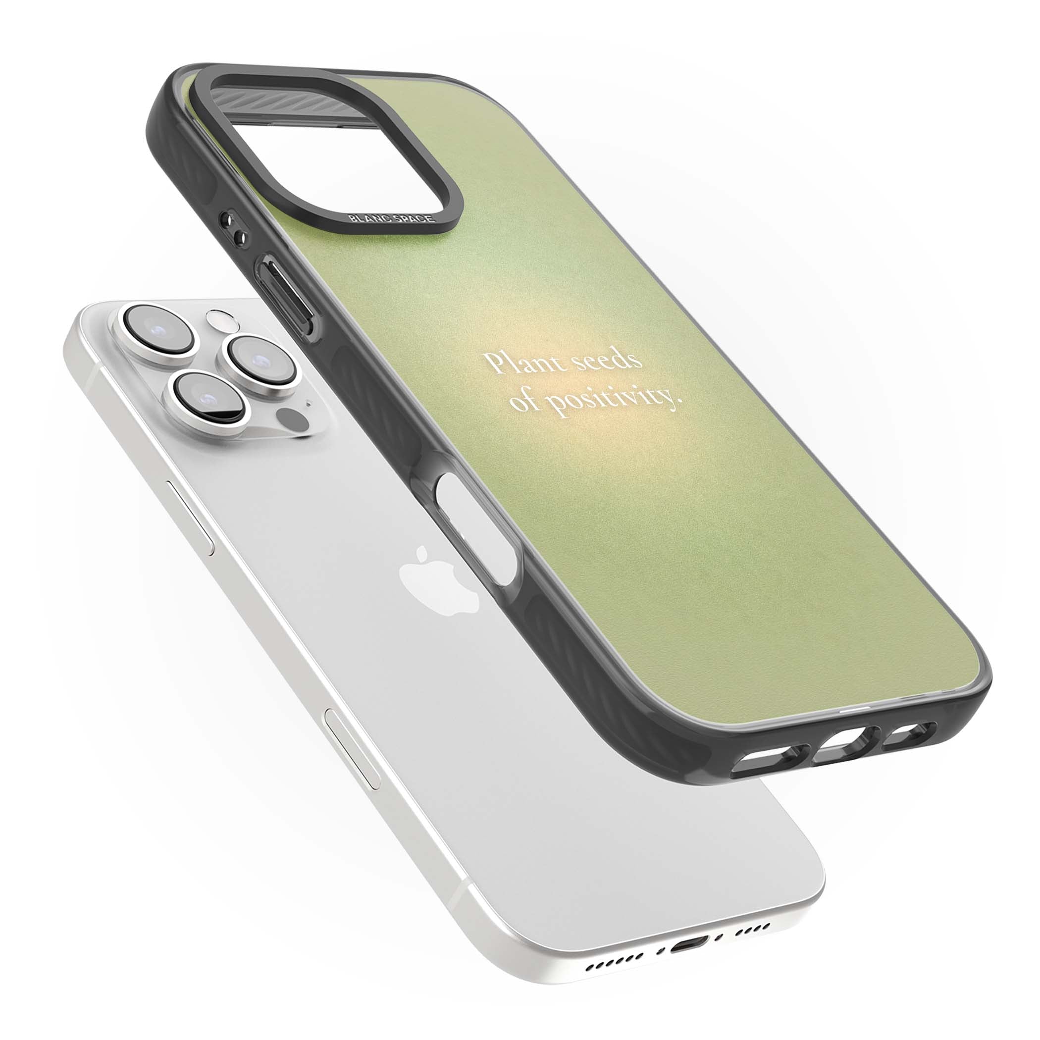 Seeds of Positivity quote iPhone case featuring a sage green aura gradient and golden glow affirmation | Black Impact Magsafe case for iPhone 16 Pro, iPhone 16 Pro Max