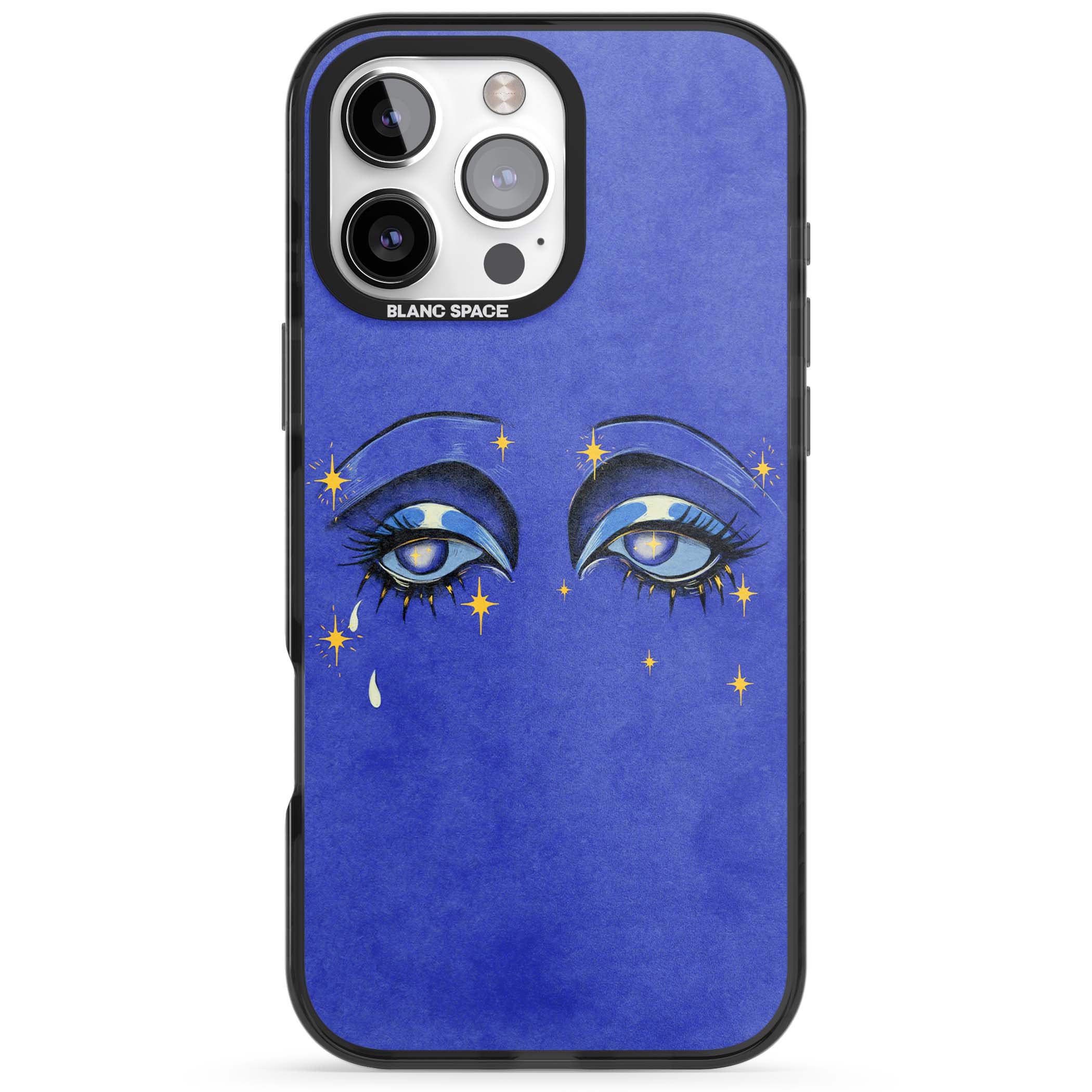Blue Mystic Eyes celestial iPhone case featuring hand drawn blue mystical eyes, golden stars and a painted tear on indigo | Black Impact Magsafe case for iPhone 16 Pro, iPhone 16 Pro Max