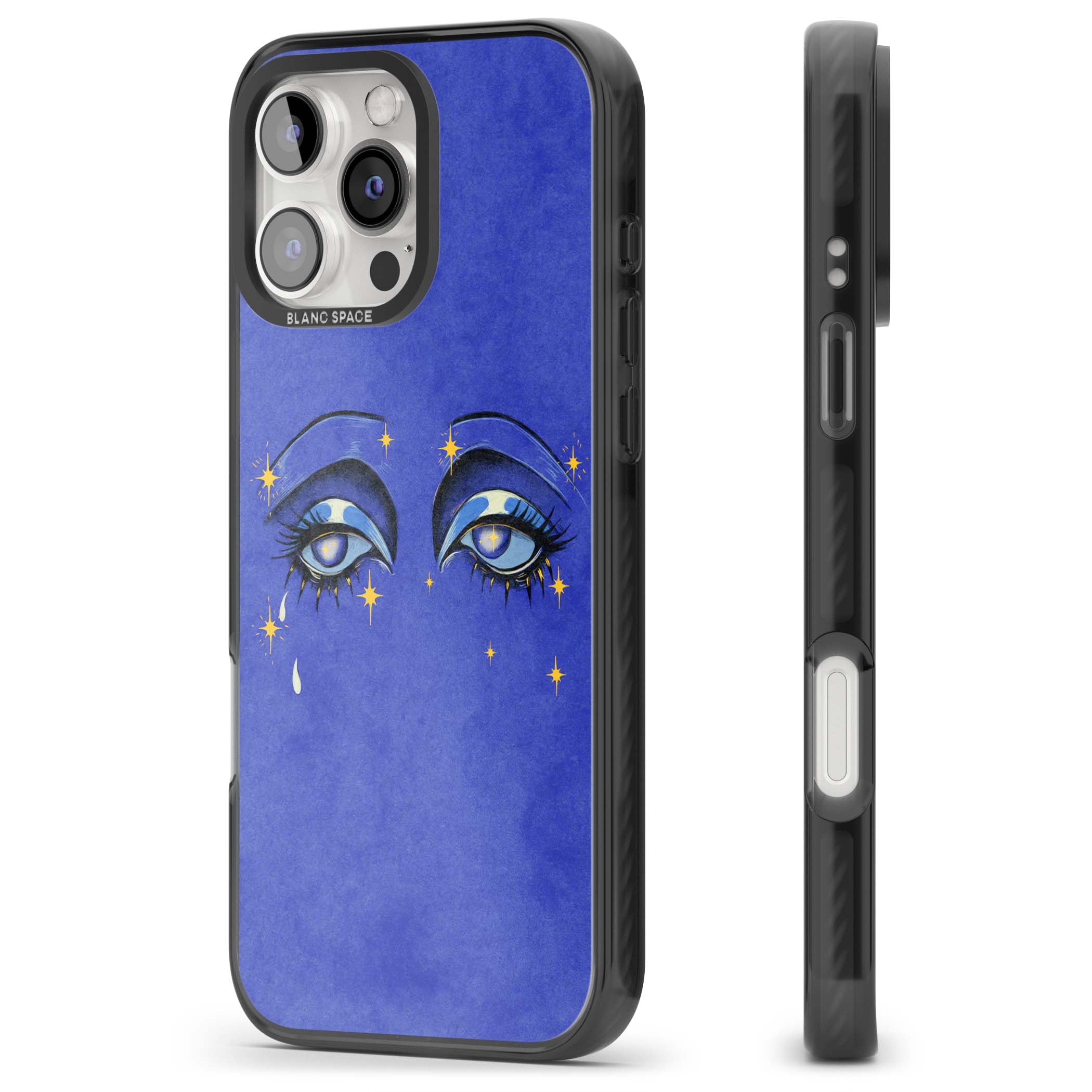 Blue Mystic Eyes celestial iPhone case featuring hand drawn blue mystical eyes, golden stars and a painted tear on indigo | Black Impact Magsafe case for iPhone 16 Pro, iPhone 16 Pro Max
