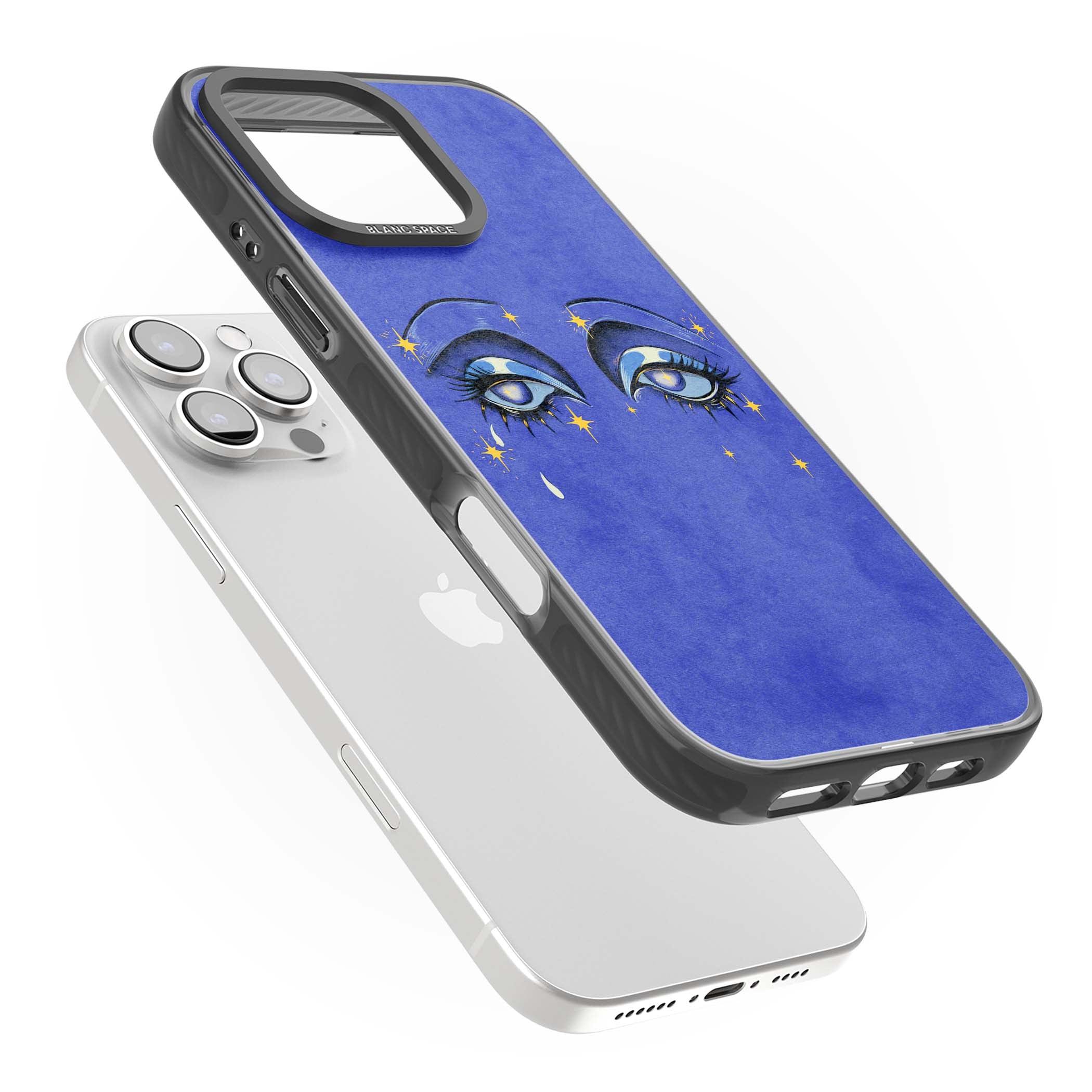 Blue Mystic Eyes celestial iPhone case featuring hand drawn blue mystical eyes, golden stars and a painted tear on indigo | Black Impact Magsafe case for iPhone 16 Pro, iPhone 16 Pro Max