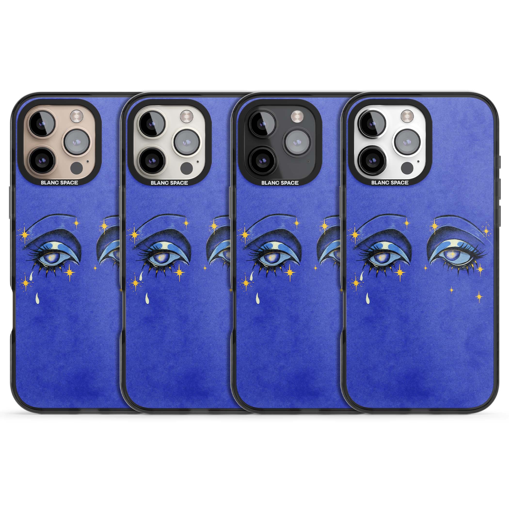 Blue Mystic Eyes celestial iPhone case featuring hand drawn blue mystical eyes, golden stars and a painted tear on indigo | Black Impact Magsafe case for iPhone 16 Pro, iPhone 16 Pro Max