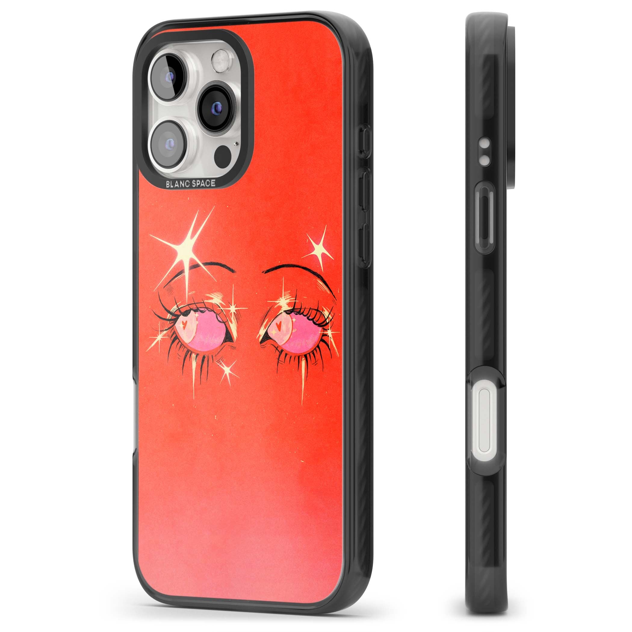 Pink Ethereal Eyes anime iPhone case featuring hand-drawn sparkly eyes with pink hearts and gold stars on red | Black Impact Magsafe case for iPhone 16 Pro, iPhone 16 Pro Max