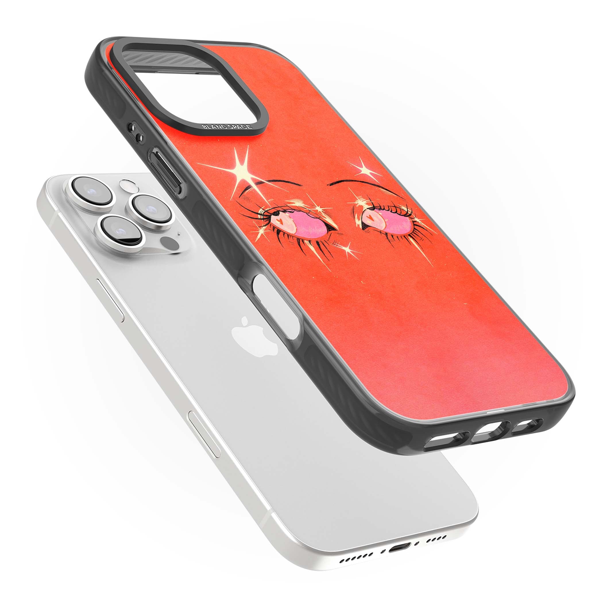 Pink Ethereal Eyes anime iPhone case featuring hand-drawn sparkly eyes with pink hearts and gold stars on red | Black Impact Magsafe case for iPhone 16 Pro, iPhone 16 Pro Max