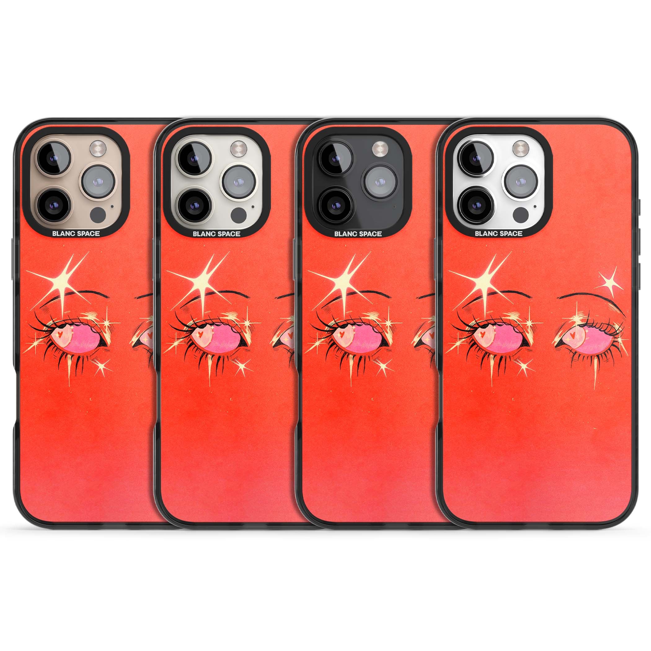 Pink Ethereal Eyes anime iPhone case featuring hand-drawn sparkly eyes with pink hearts and gold stars on red | Black Impact Magsafe case for iPhone 16 Pro, iPhone 16 Pro Max