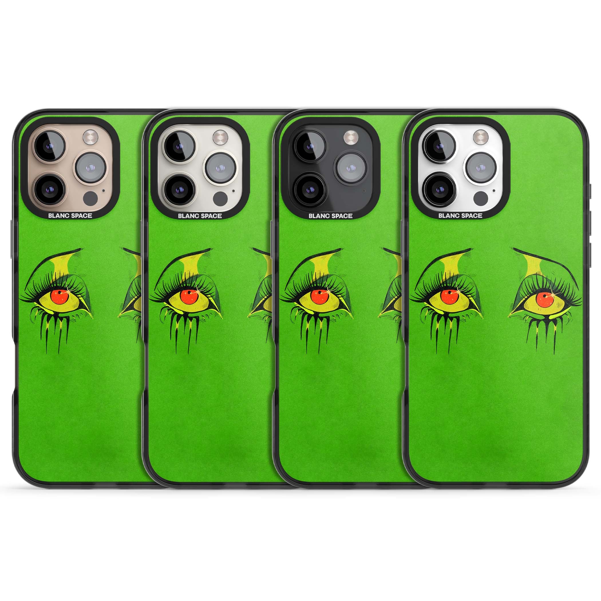 Green Enchanted Eyes psychedelic art iPhone case featuring hand-drawn dripping eyes on neon green background | Black Impact Magsafe case for iPhone 16 Pro, iPhone 16 Pro Max
