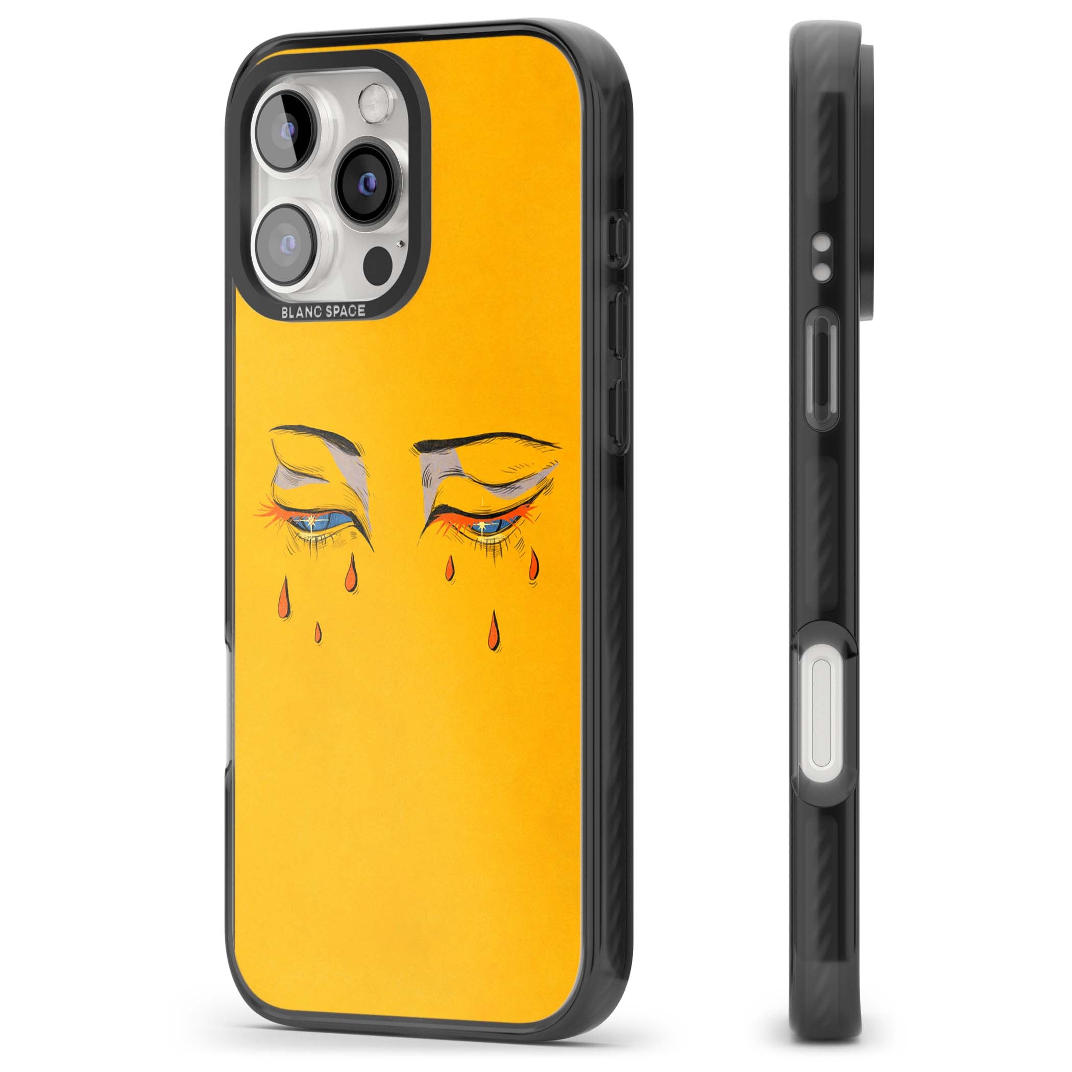 Yellow Tearful Eyes indie iPhone case featuring hand-drawn crying eyes with orange tears on a yellow background | Black Impact Magsafe case for iPhone 16 Pro, iPhone 16 Pro Max