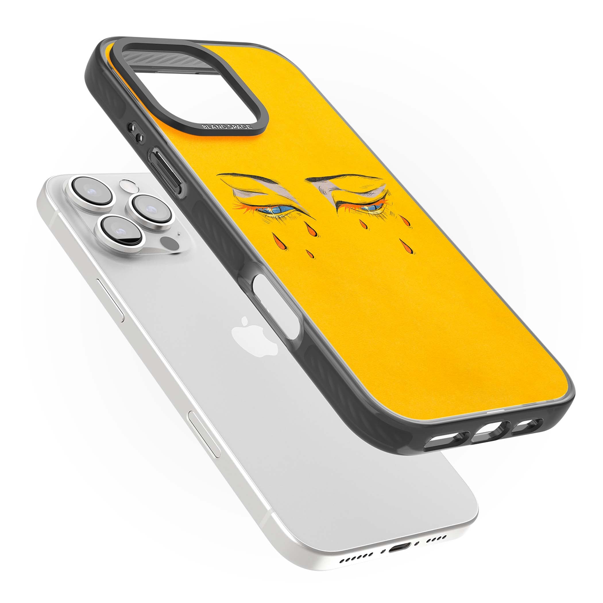 Yellow Tearful Eyes indie iPhone case featuring hand-drawn crying eyes with orange tears on a yellow background | Black Impact Magsafe case for iPhone 16 Pro, iPhone 16 Pro Max