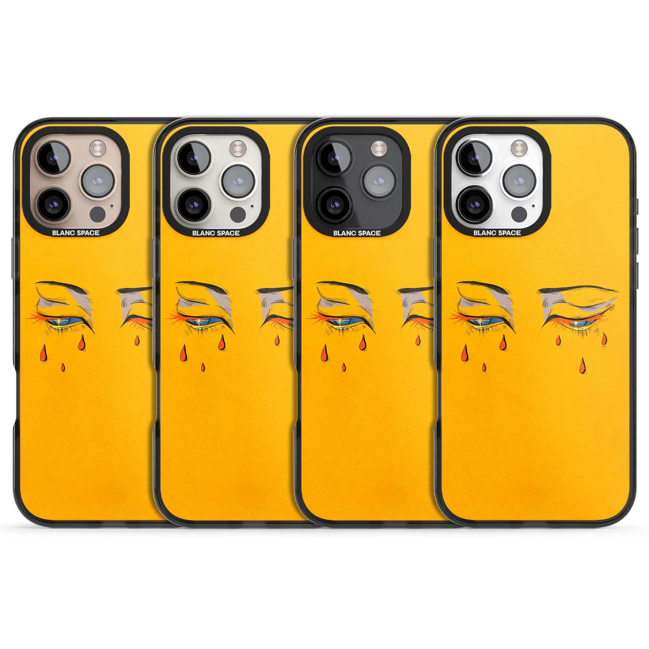 Yellow Tearful Eyes indie iPhone case featuring hand-drawn crying eyes with orange tears on a yellow background | Black Impact Magsafe case for iPhone 16 Pro, iPhone 16 Pro Max
