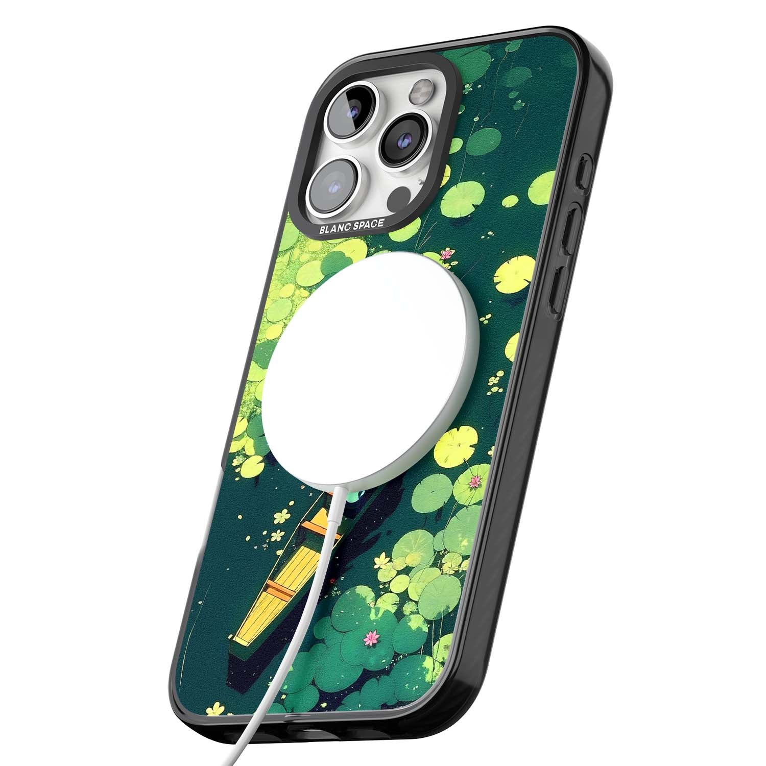 Jade Waters cottagecore iPhone case featuring a painted lily pond, wooden boat with parasol and floating water lilies | Black Impact Magsafe case for iPhone 16 Pro, iPhone 16 Pro Max