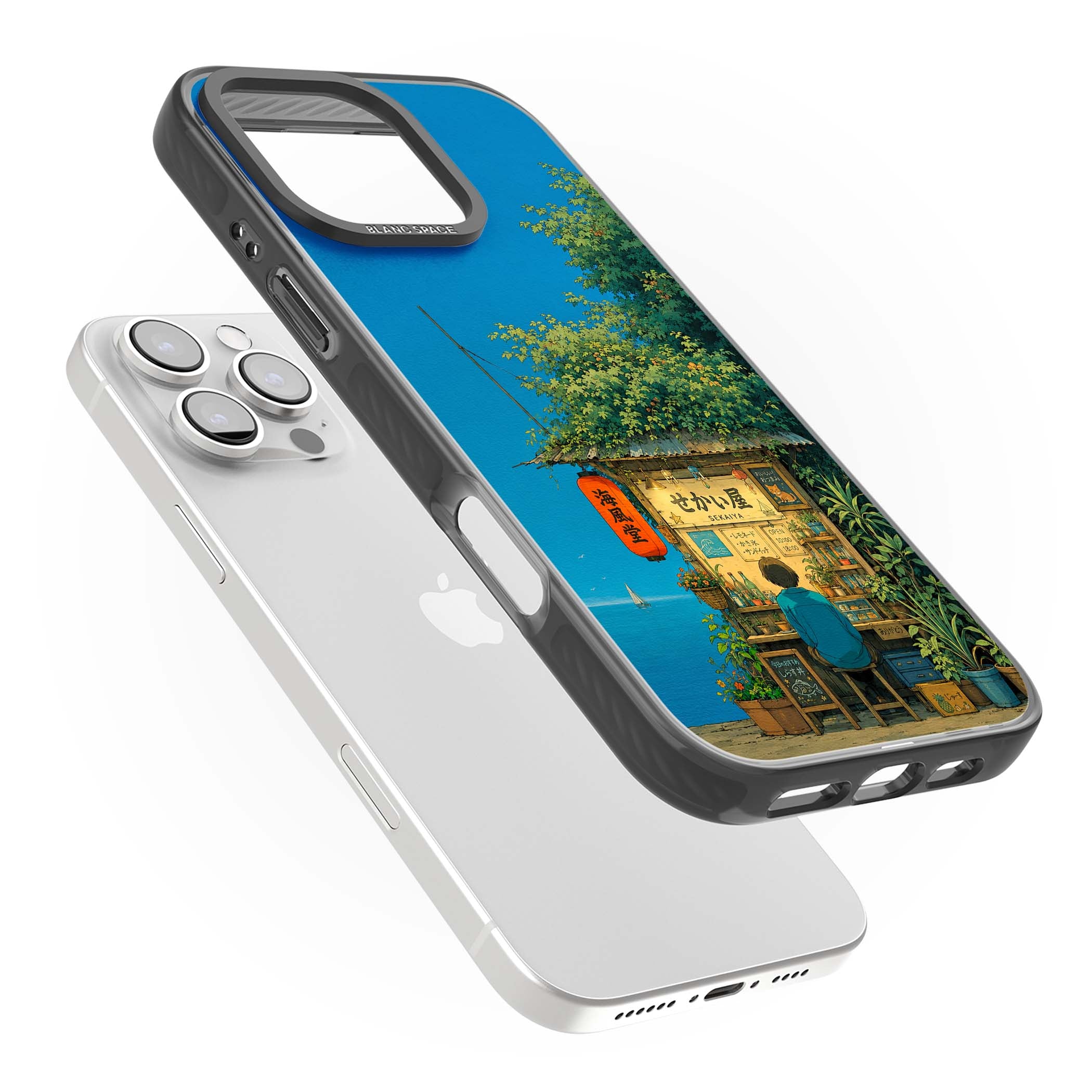 The Shirahama Kiosk anime iPhone case featuring a Japanese seaside shop, red paper lantern and ocean view | Black Impact Magsafe case for iPhone 16 Pro, iPhone 16 Pro Max