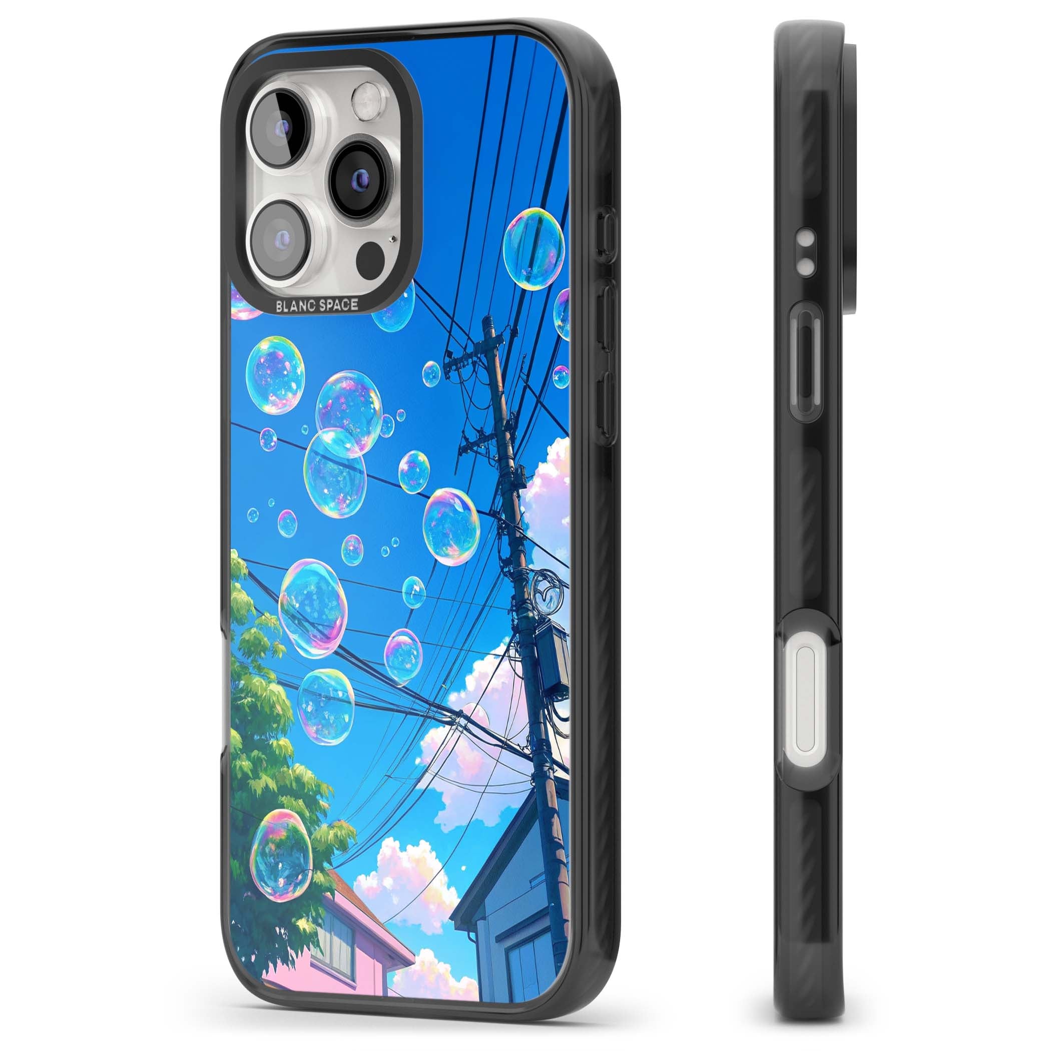Suburban Bubbles anime iPhone case featuring iridescent soap bubbles, blue sky and Japanese telephone wires | Black Impact Magsafe case for iPhone 16 Pro, iPhone 16 Pro Max