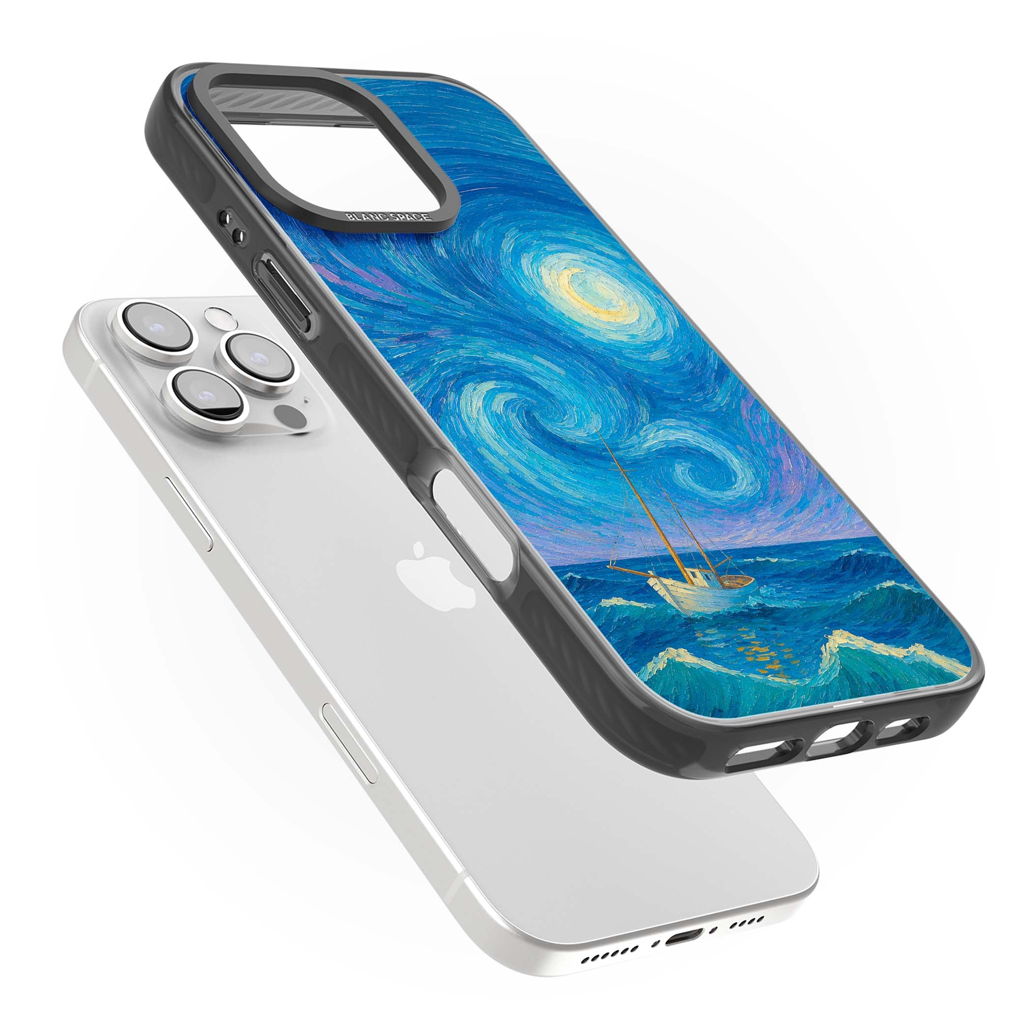 Moonlit Tide Van Gogh art iPhone case featuring swirling starry night sky, glowing moon and lone sailing boat at sea | Black Impact Magsafe case for iPhone 16 Pro, iPhone 16 Pro Max