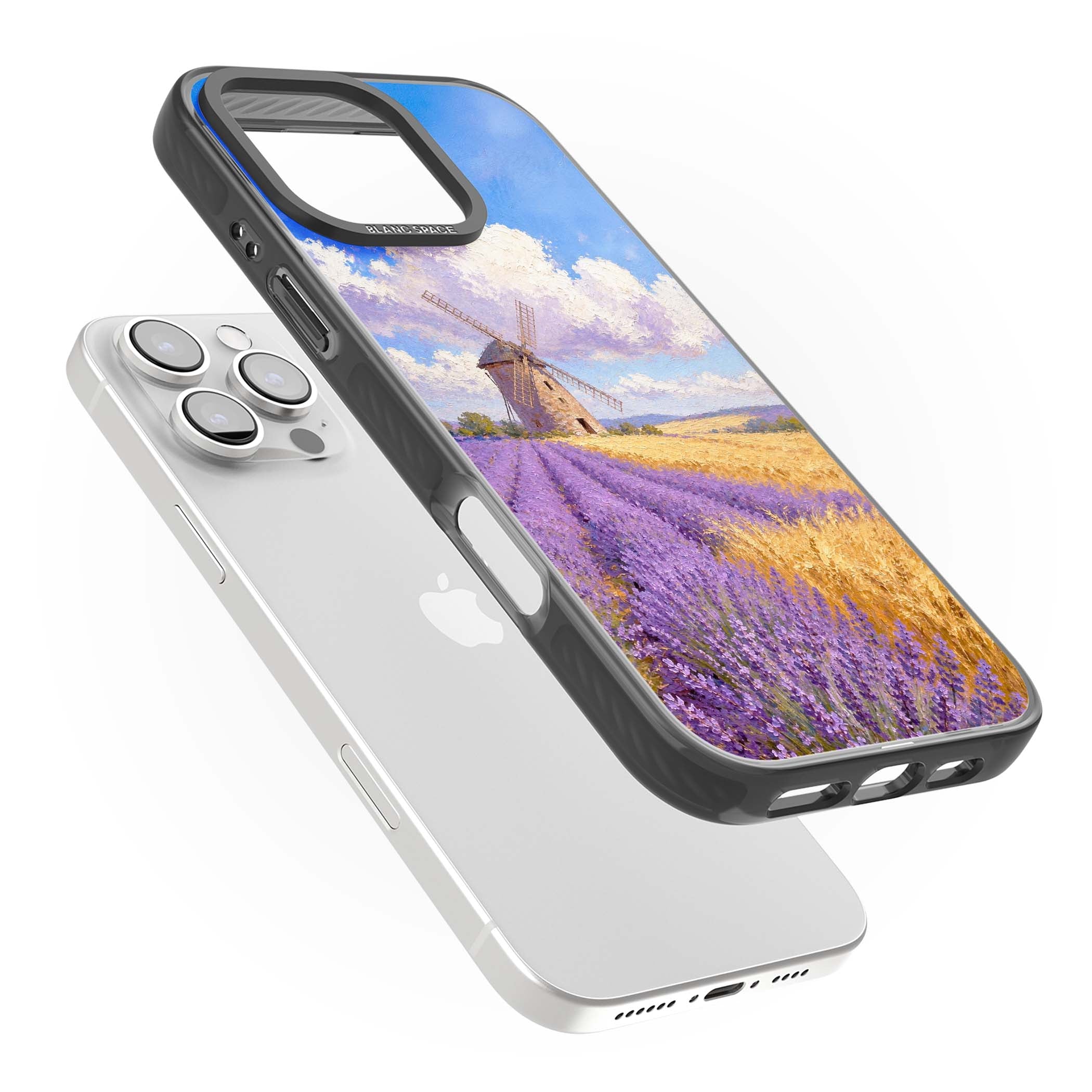 Lavender Mill cottagecore iPhone case featuring a French windmill, lavender field and golden wheat oil painting | Black Impact Magsafe case for iPhone 16 Pro, iPhone 16 Pro Max