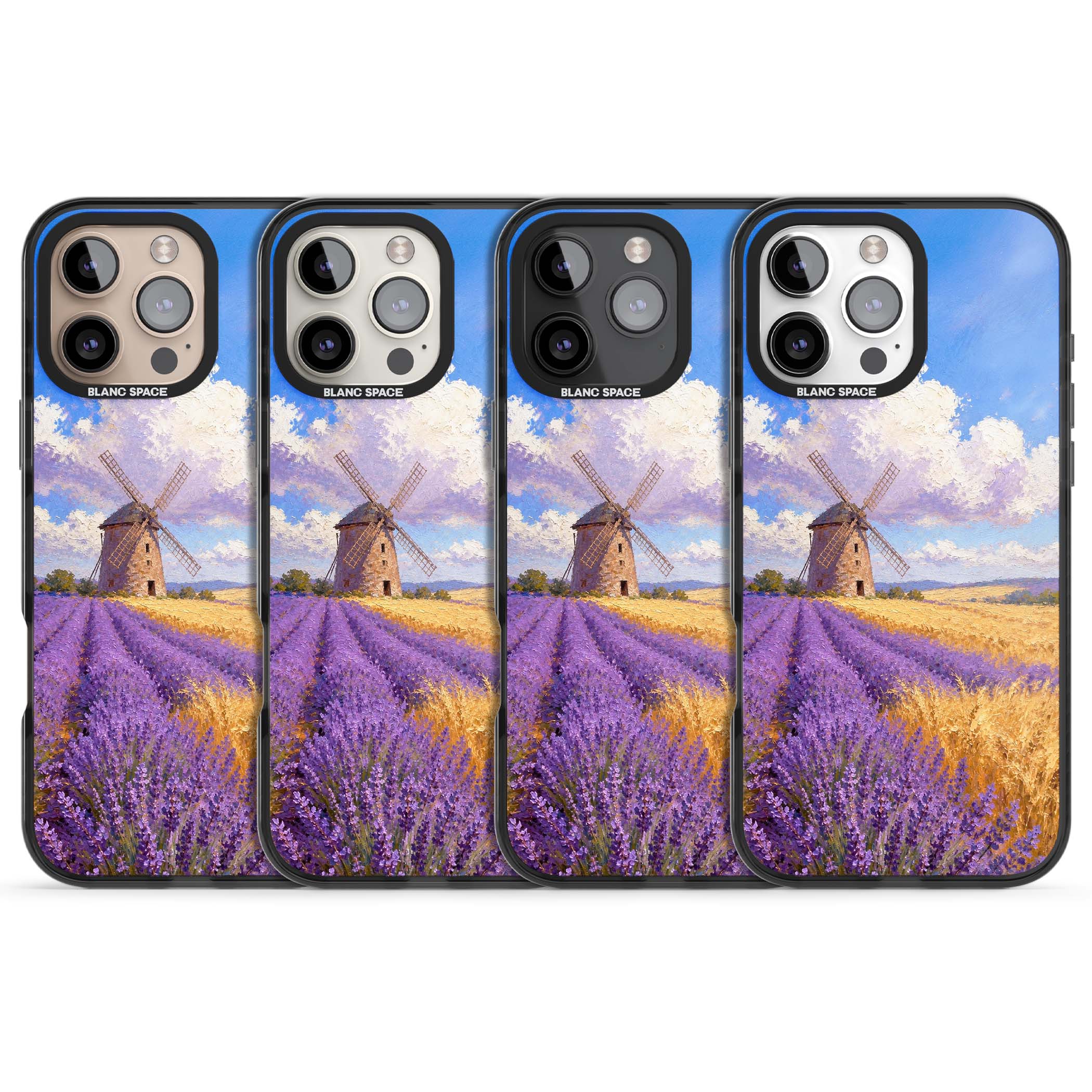 Lavender Mill cottagecore iPhone case featuring a French windmill, lavender field and golden wheat oil painting | Black Impact Magsafe case for iPhone 16 Pro, iPhone 16 Pro Max