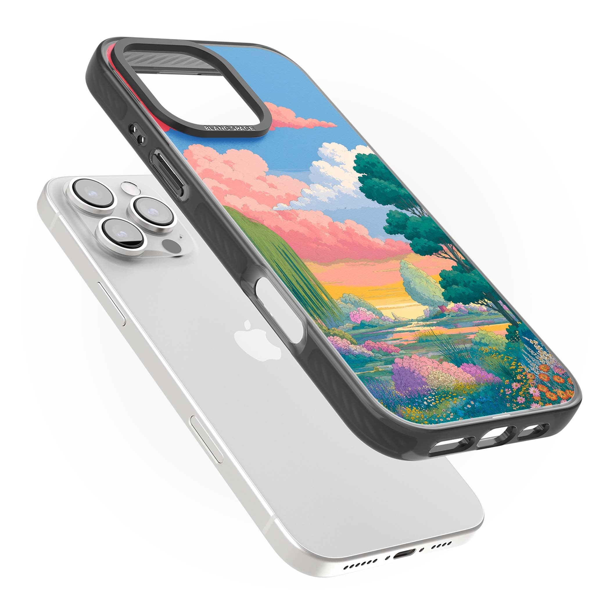Dream Valley anime landscape iPhone case featuring pink sunset clouds, willow trees and wildflowers | Black Impact Magsafe case for iPhone 16 Pro, iPhone 16 Pro Max