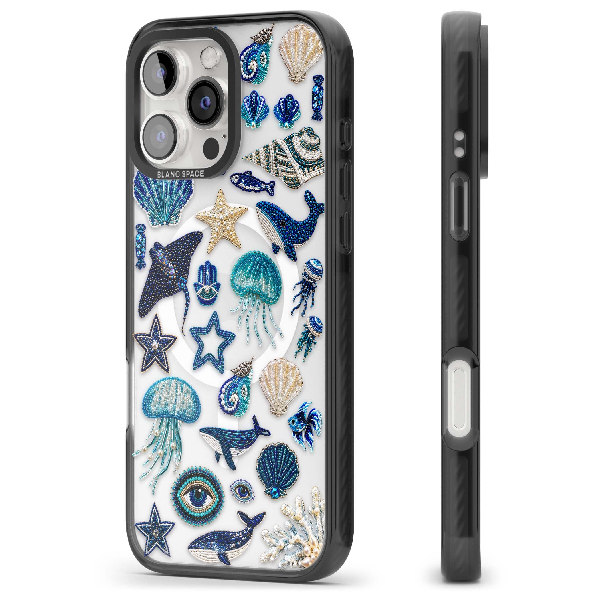 Beaded Coastal coastal iPhone case featuring embroidered seashells, jellyfish and a blue whale on clear | Black Impact Magsafe case for iPhone 16 Pro, iPhone 16 Pro Max