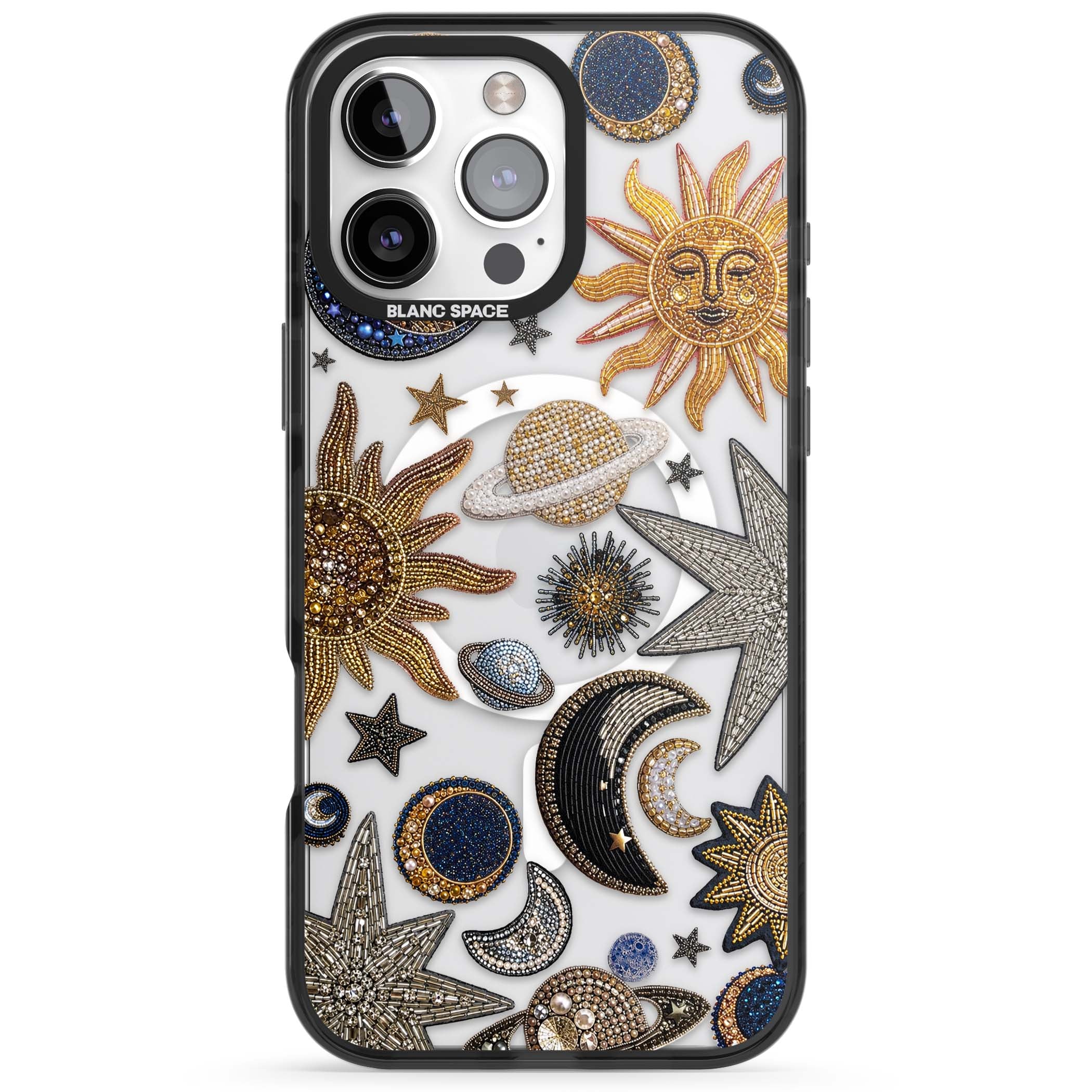 Beaded Cosmos celestial iPhone case featuring embroidered golden suns, beaded planets and silver shooting stars | Black Impact Magsafe case for iPhone 16 Pro, iPhone 16 Pro Max