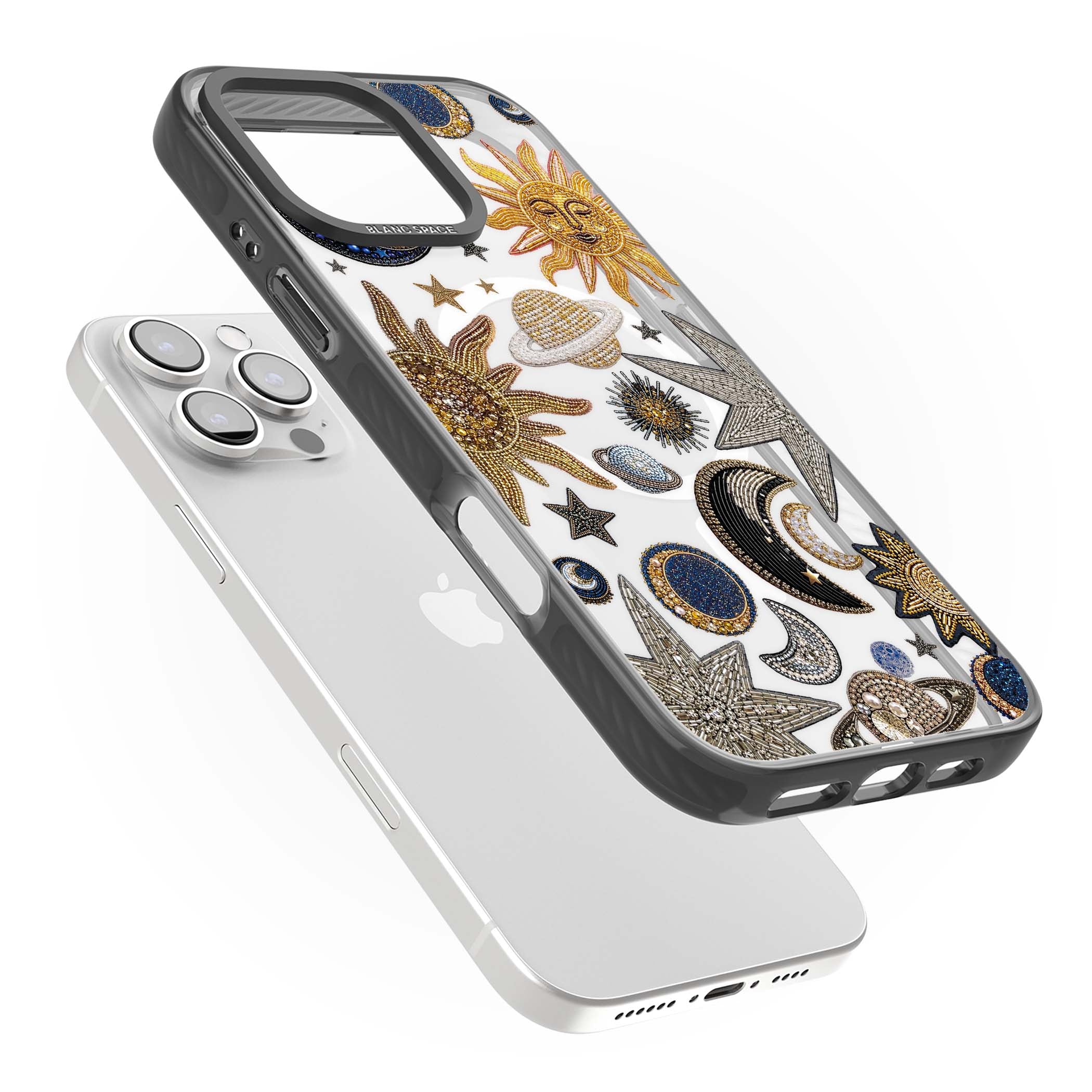 Beaded Cosmos celestial iPhone case featuring embroidered golden suns, beaded planets and silver shooting stars | Black Impact Magsafe case for iPhone 16 Pro, iPhone 16 Pro Max
