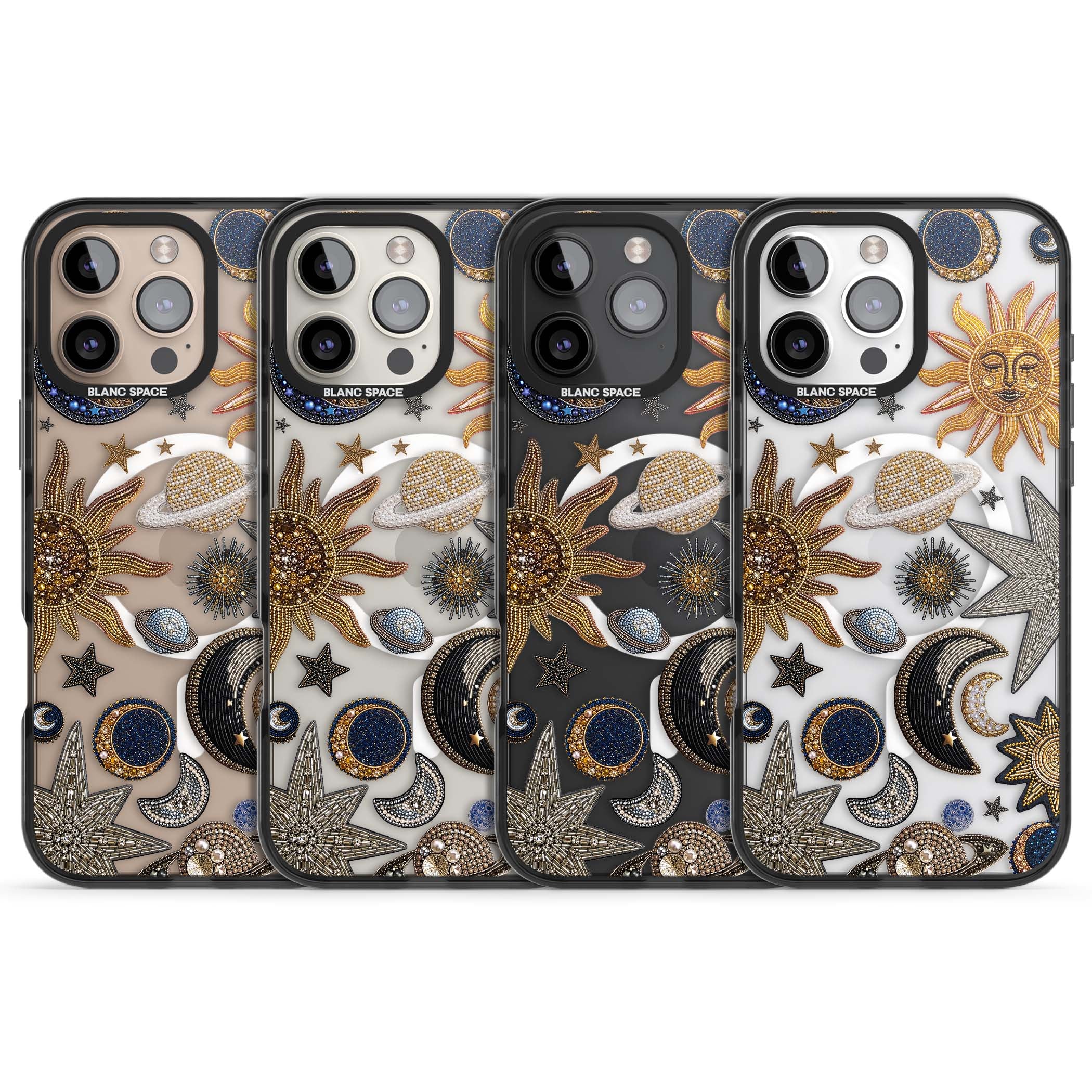 Beaded Cosmos celestial iPhone case featuring embroidered golden suns, beaded planets and silver shooting stars | Black Impact Magsafe case for iPhone 16 Pro, iPhone 16 Pro Max